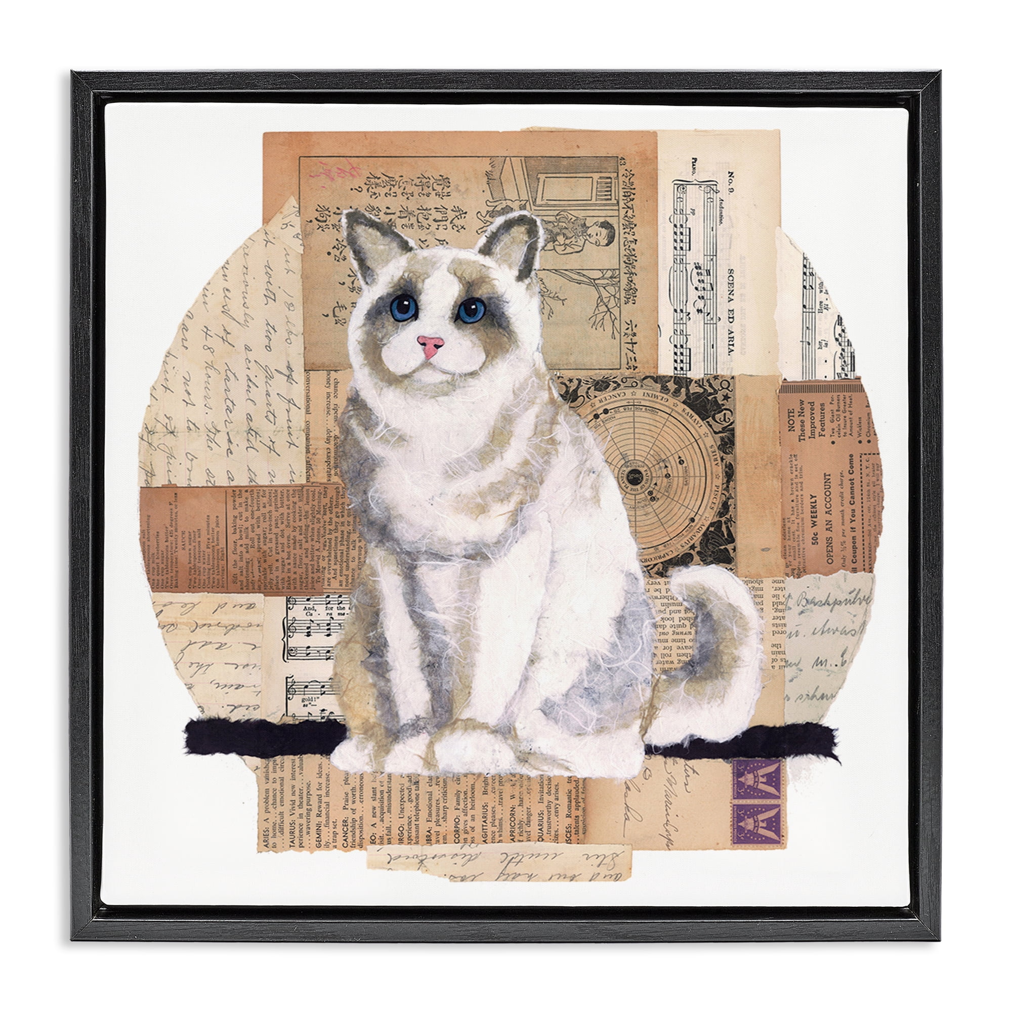 Stupell Industries Vintage Collage Cat Animals & Insects Painting Black Floater Framed Canvas Art Print Wall Art, 18 x 18