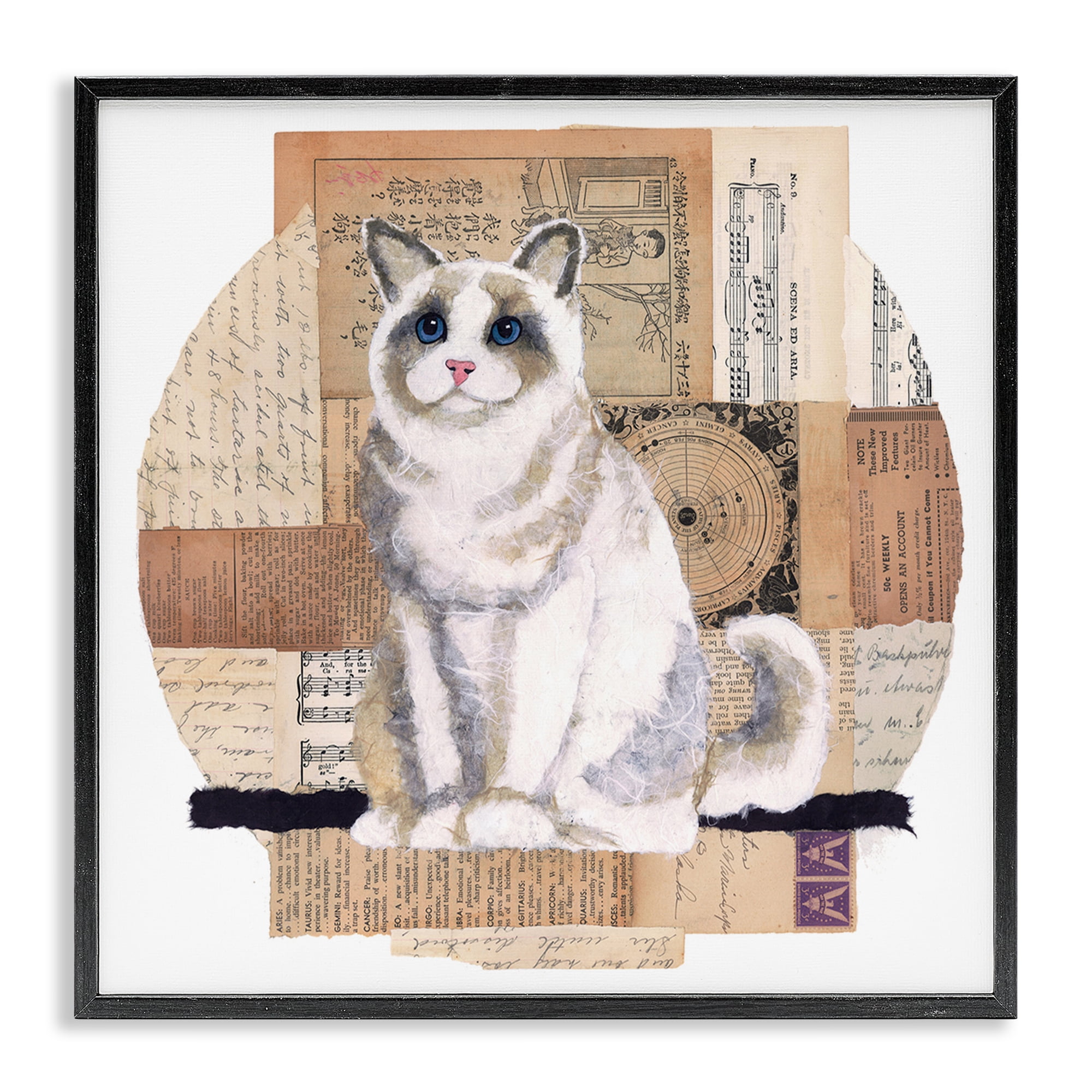 Stupell Industries Vintage Collage Cat Animals & Insects Painting Black Framed Art Print Wall Art, 17 x 17