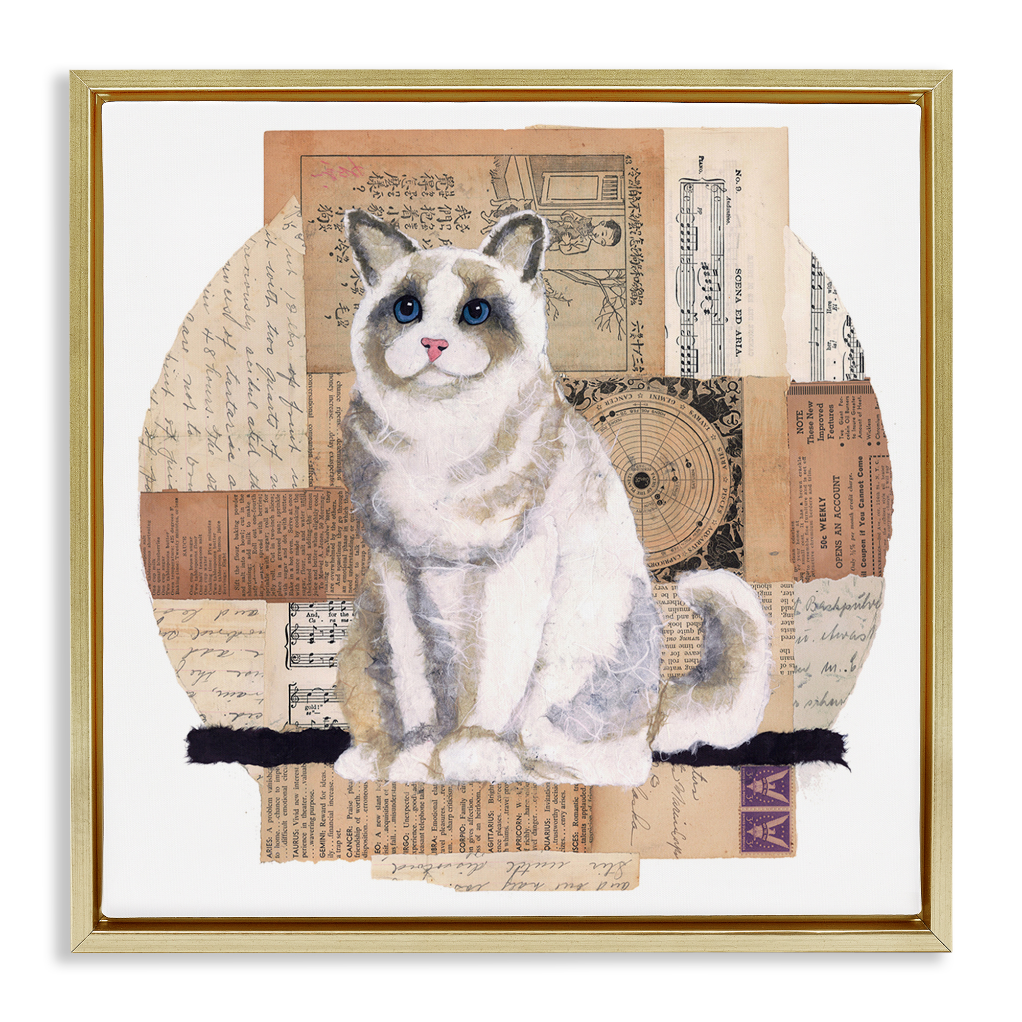 Stupell Industries Vintage Collage Cat Animals & Insects Painting Gold Floater Framed Canvas Art Print Wall Art, 18 x 18