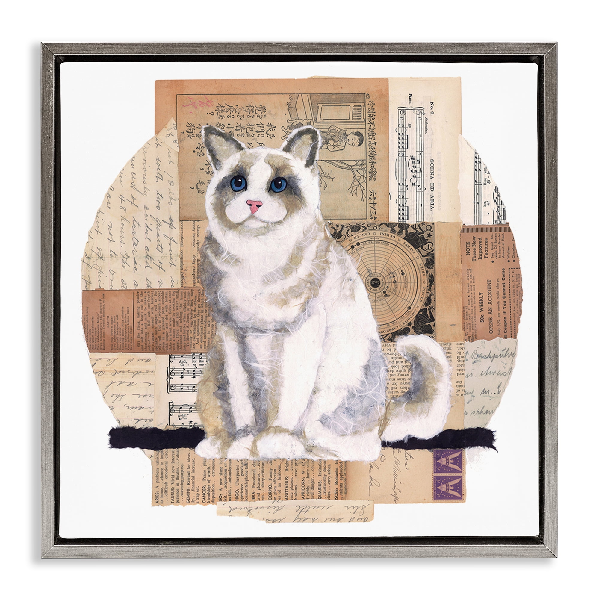 Stupell Industries Vintage Collage Cat Animals & Insects Painting Gray Floater Framed Canvas Art Print Wall Art, 25 x 25