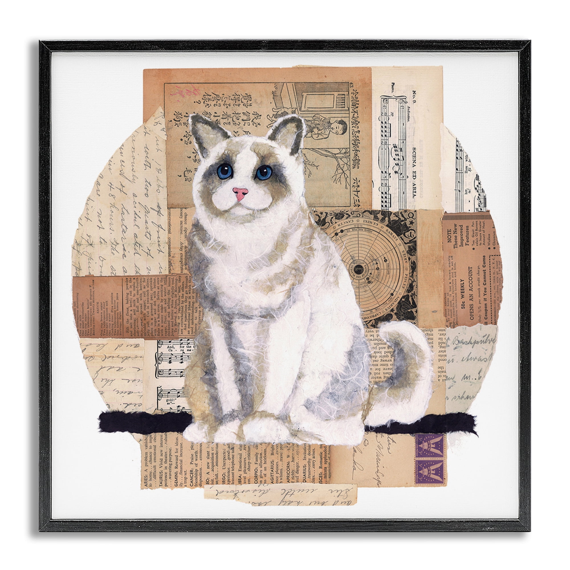 Stupell Industries Vintage Collage Cat Animals & Insects Painting Gray Framed Art Print Wall Art, 12 x 12