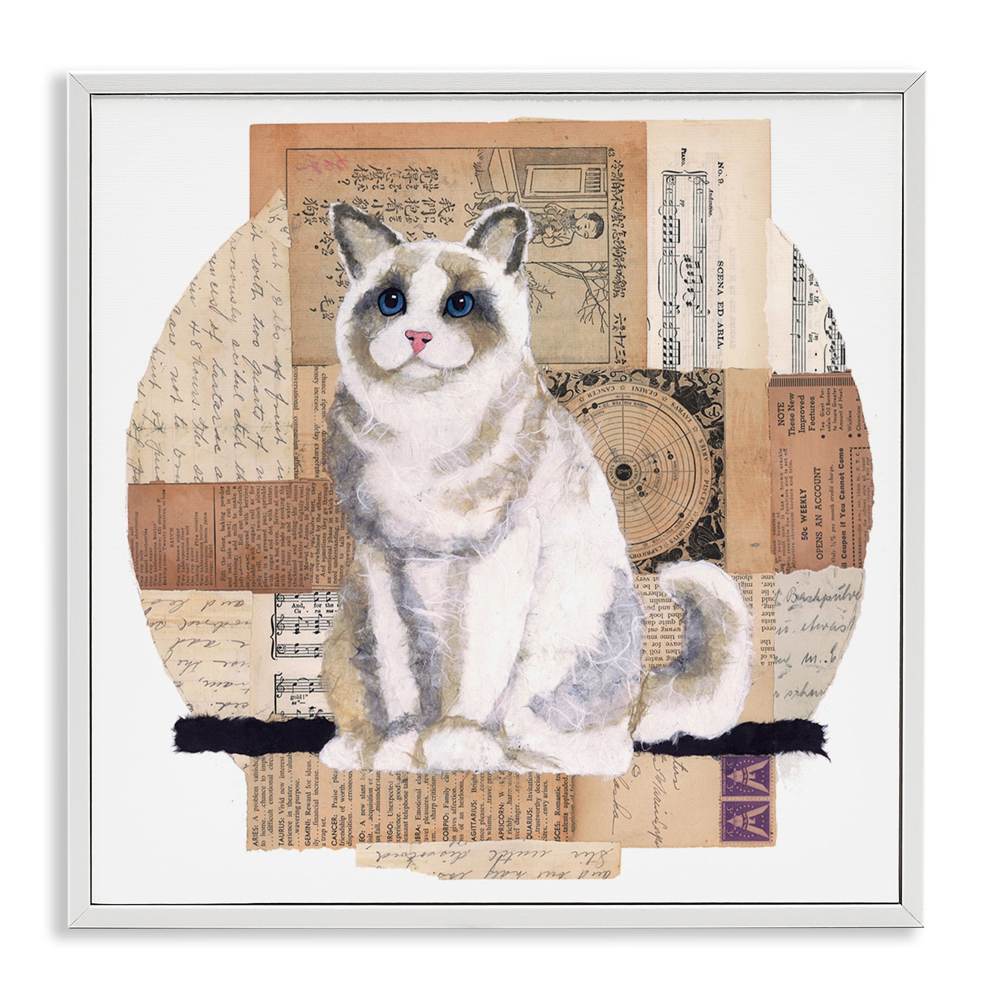 Stupell Industries Vintage Collage Cat Animals & Insects Painting White Framed Art Print Wall Art, 17 x 17