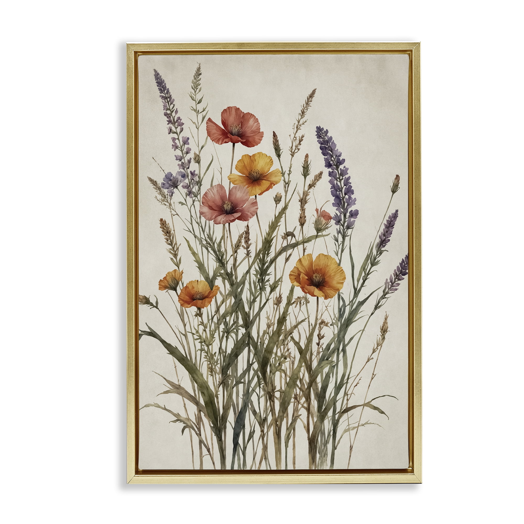 Stupell Industries Vintage Collection of Meadow Botanicals Gold Framed Floater Canvas Wall Art, design by Nataly White