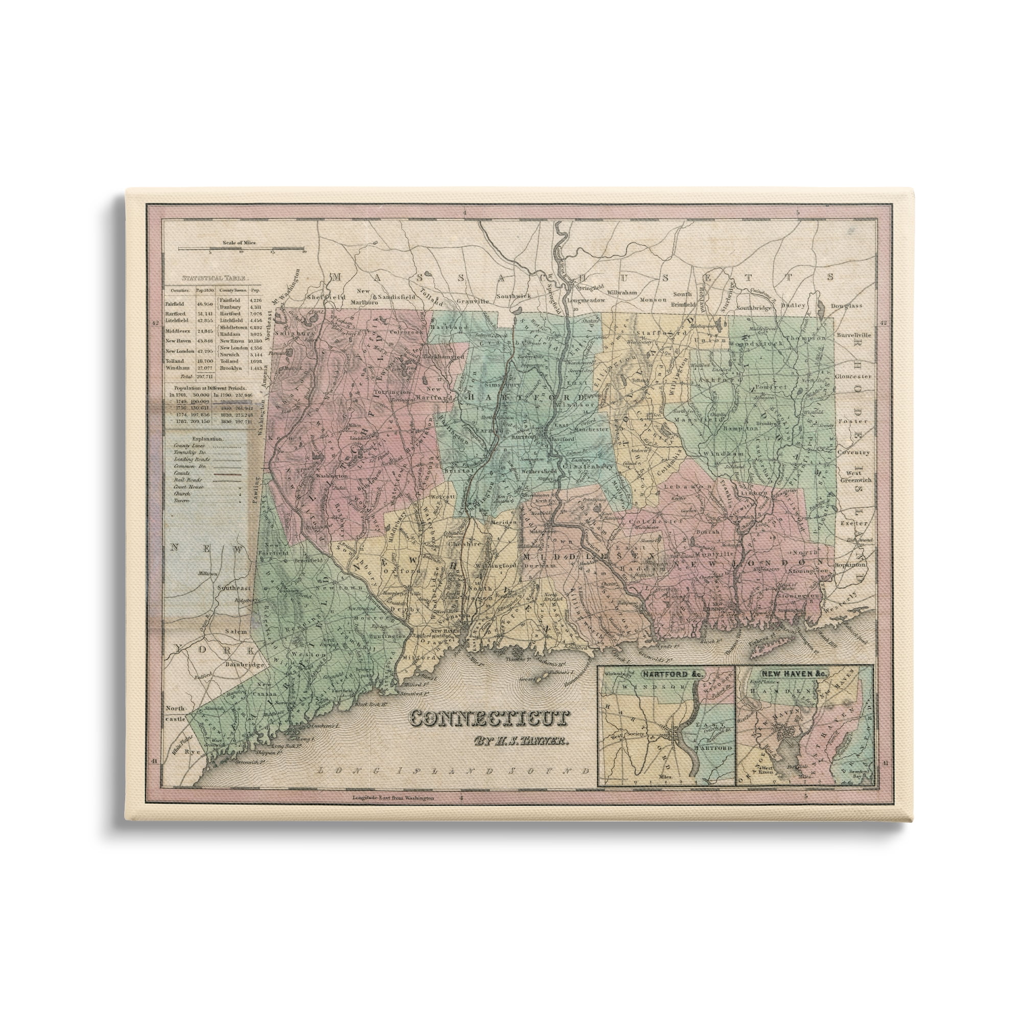 Stupell Industries Vintage Connecticut US State Map Town Region Cartography, 40 x 30, Design by Daphne Polselli