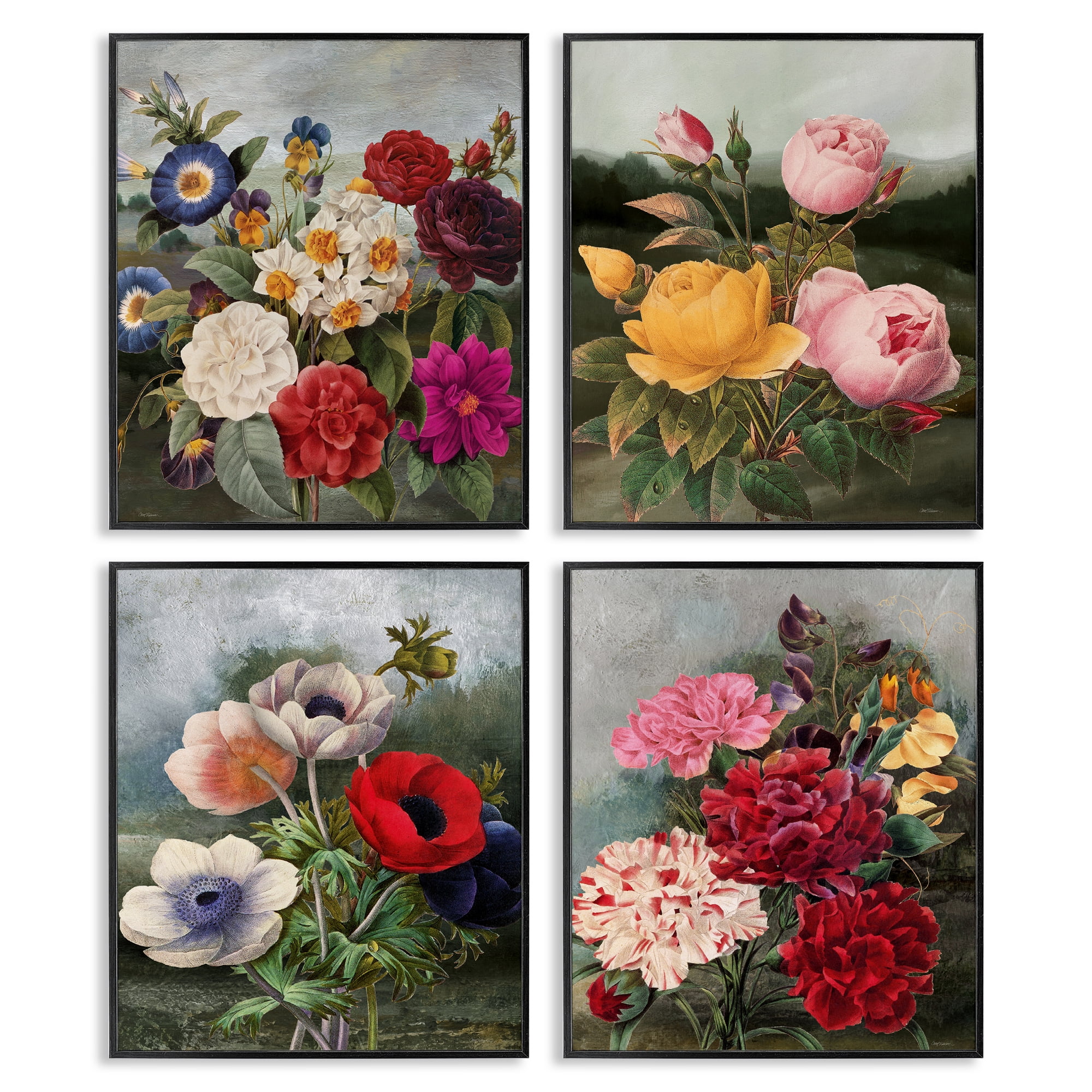 Stupell Industries Vintage Cottage Blooms Plants & Flowers Painting Black Framed Art Print Wall Art, 16 x 20, Set of 4