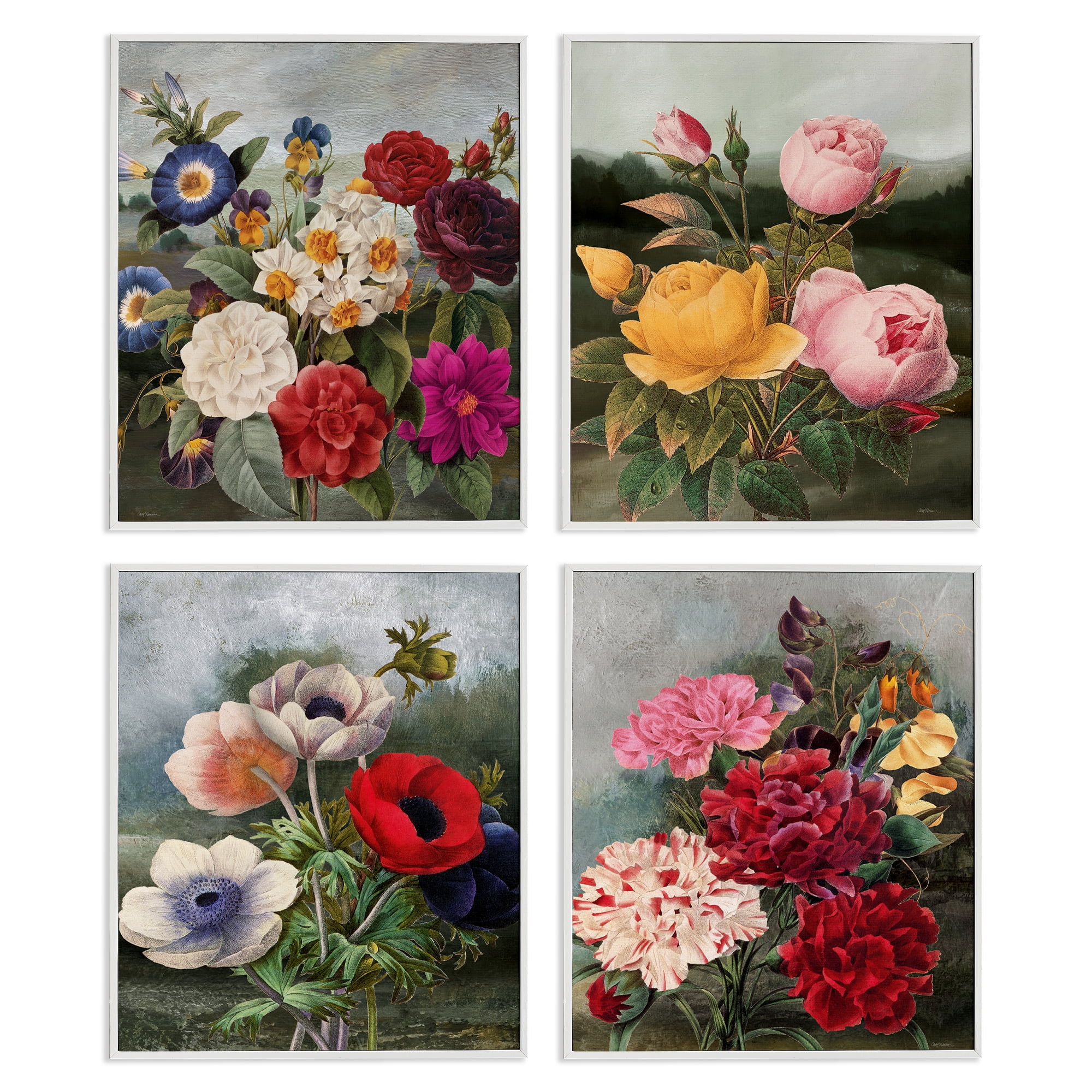 Stupell Industries Vintage Cottage Blooms Plants & Flowers Painting White Framed Art Print Wall Art, 16 x 20, Set of 4