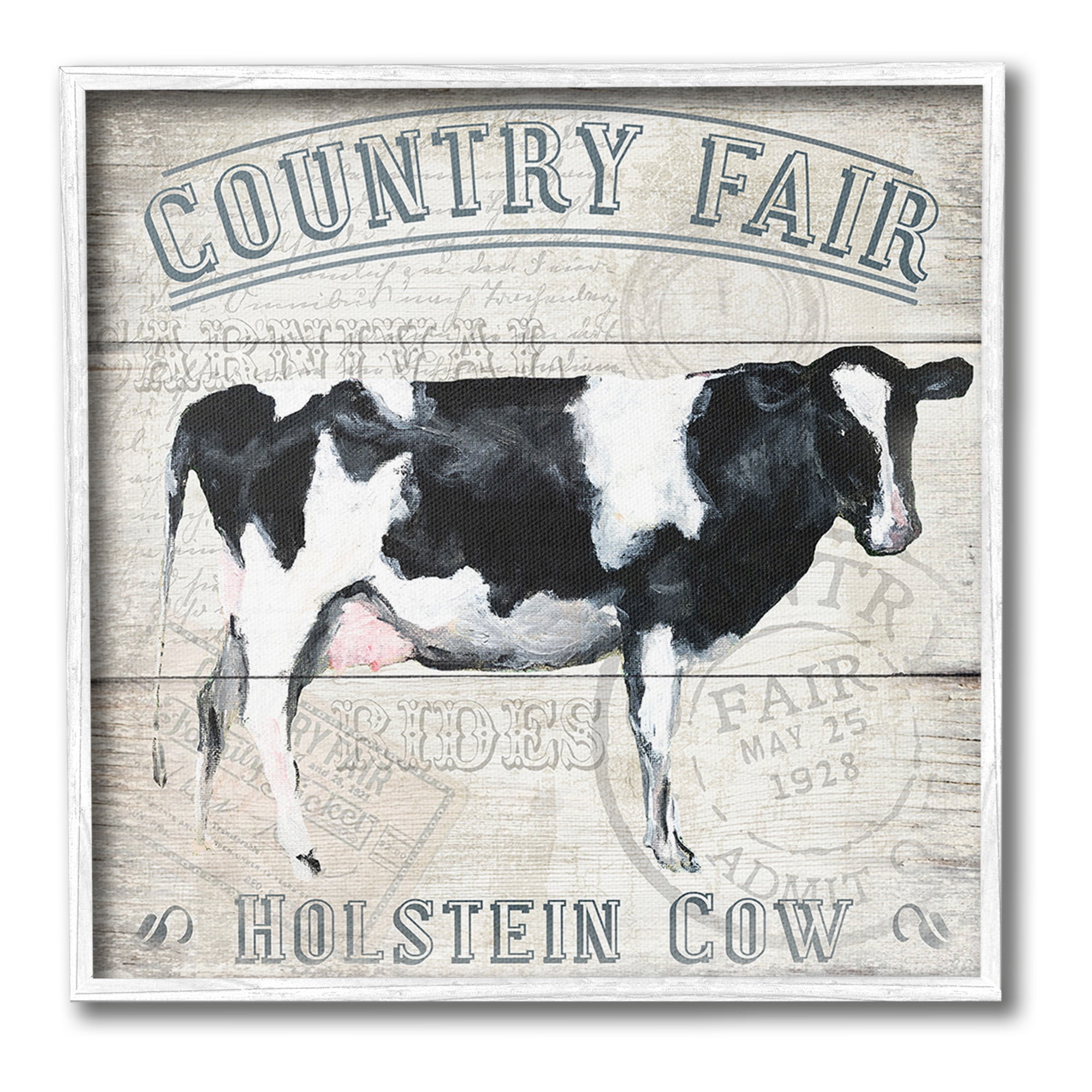 Vintage Country Fair Holstein Cow Canvas Print in White Frame