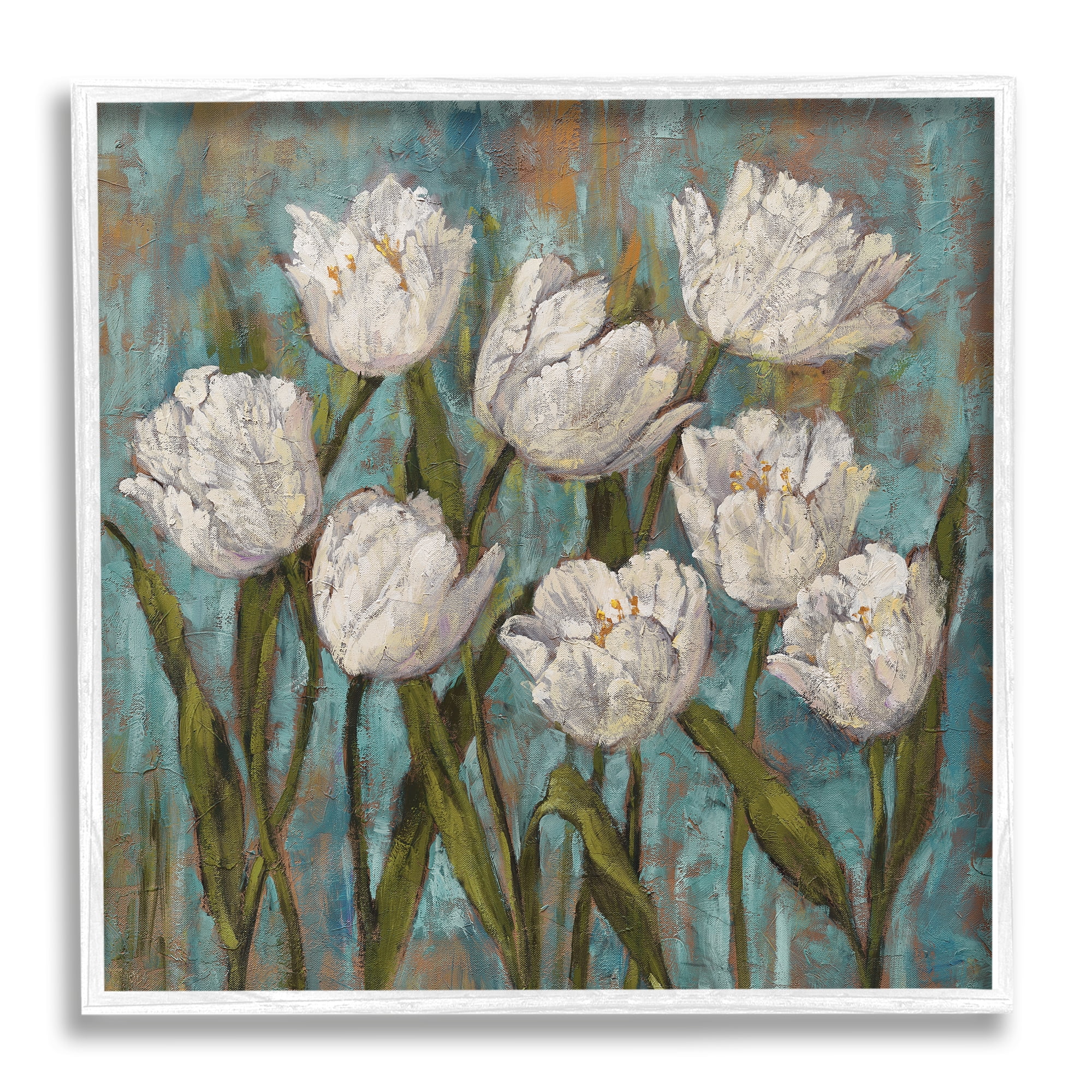 Stupell Industries Vintage Country White Tulips over Distressed Soft Blue Graphic Art White Framed Art Print Wall Art, 12x12, by Brian Francis