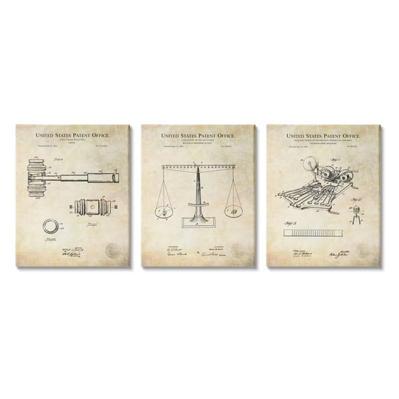 Stupell Industries Vintage Courtroom Patents Judge Scale Gavel and Stenograph Canvas Wall Art, 24 x 30, Design by Karl Hronek