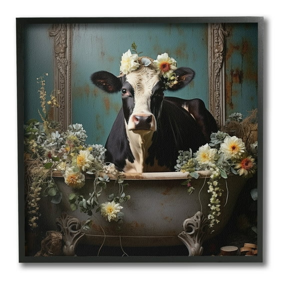 Stupell Industries Vintage Cow in Bathtub Animals & Insects Painting Black Framed Art Print Wall Art, 17 x 17
