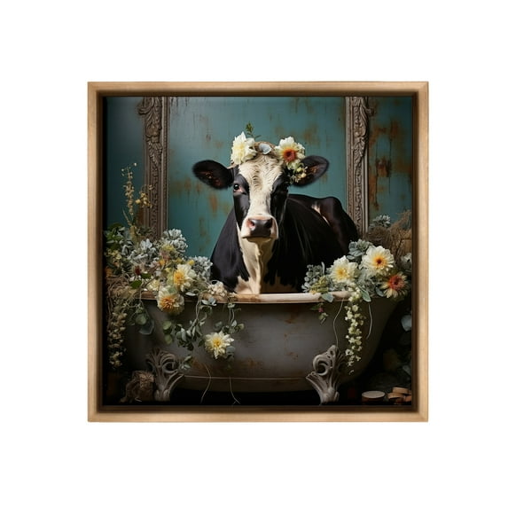 Stupell Industries Vintage Cow in Bathtub Animals & Insects Painting Brown Floater Framed Canvas Art Print Wall Art, 18 x 18