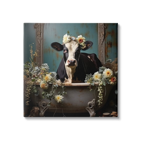 Stupell Industries Vintage Cow in Bathtub Animals & Insects Painting Gallery Wrapped Canvas Art Print Wall Art, 17 x 17