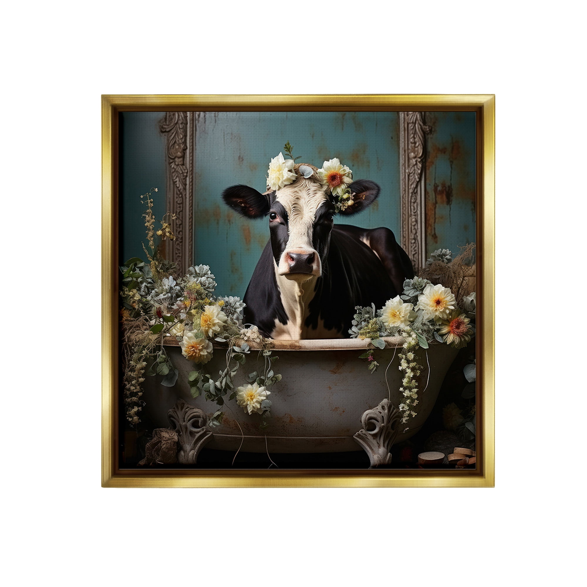 Stupell Industries Vintage Cow in Bathtub Animals & Insects Painting Gold Floater Framed Canvas Art Print Wall Art, 25 x 25