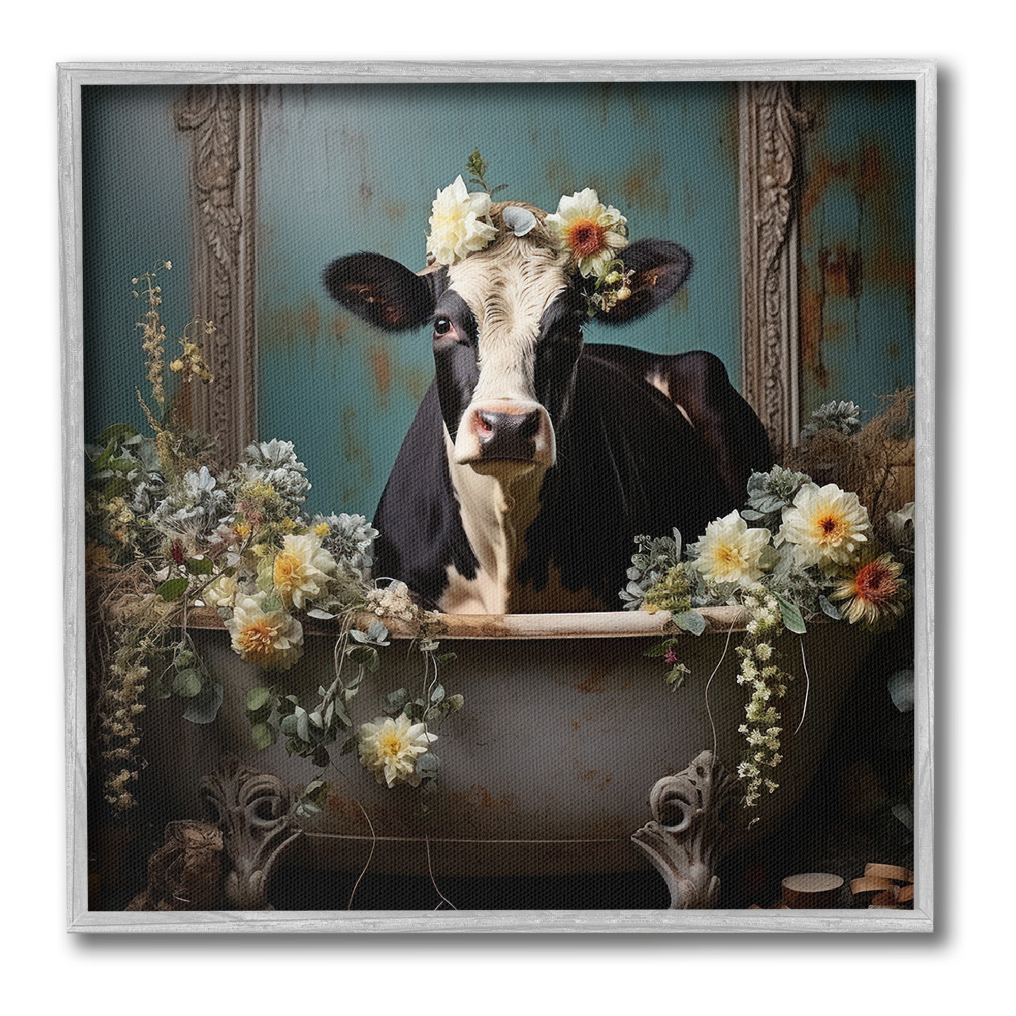Stupell Industries Vintage Cow in Bathtub Animals & Insects Painting Gray Framed Art Print Wall Art, 12 x 12