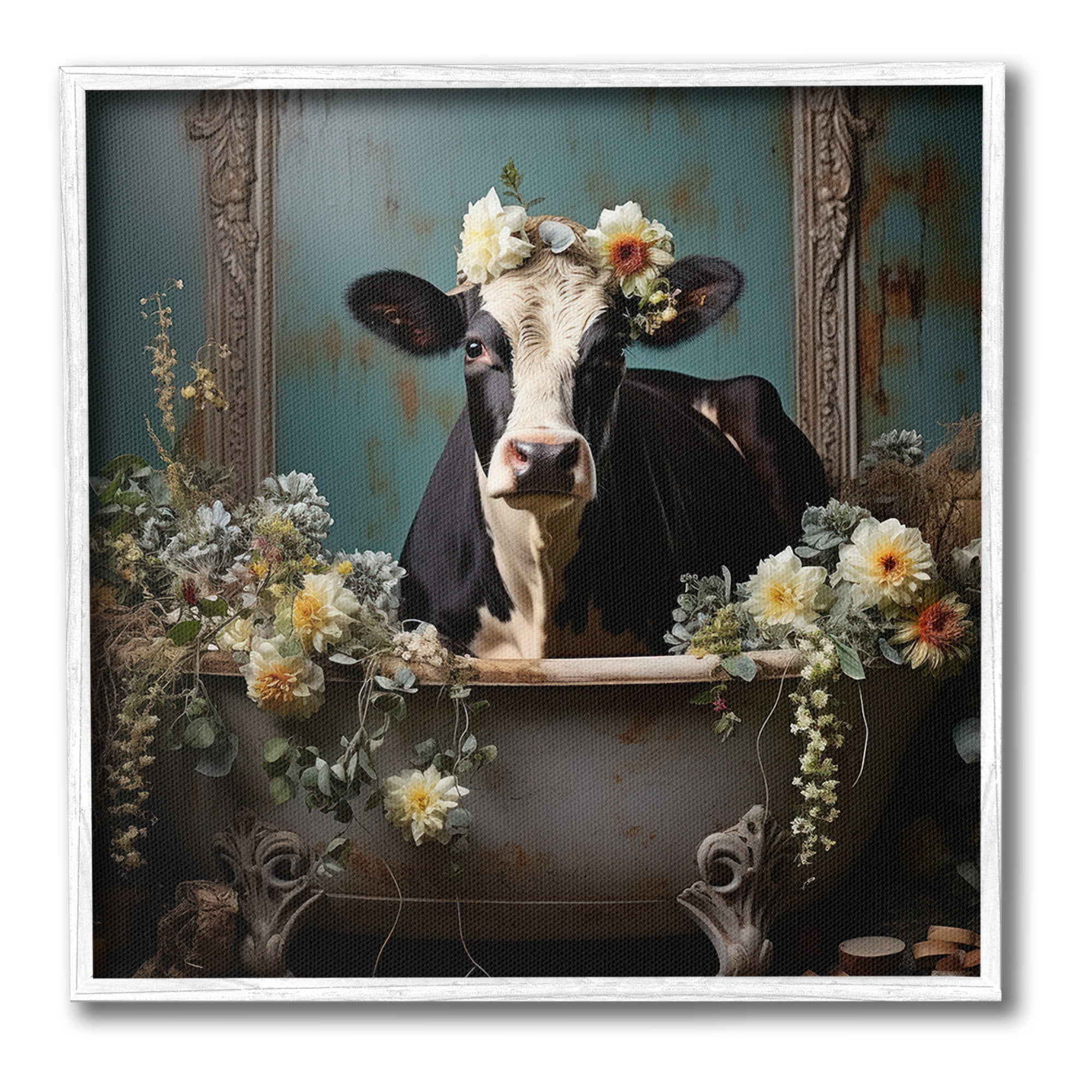 Stupell Industries Vintage Cow in Bathtub Animals & Insects Painting White Framed Art Print Wall Art, 12 x 12