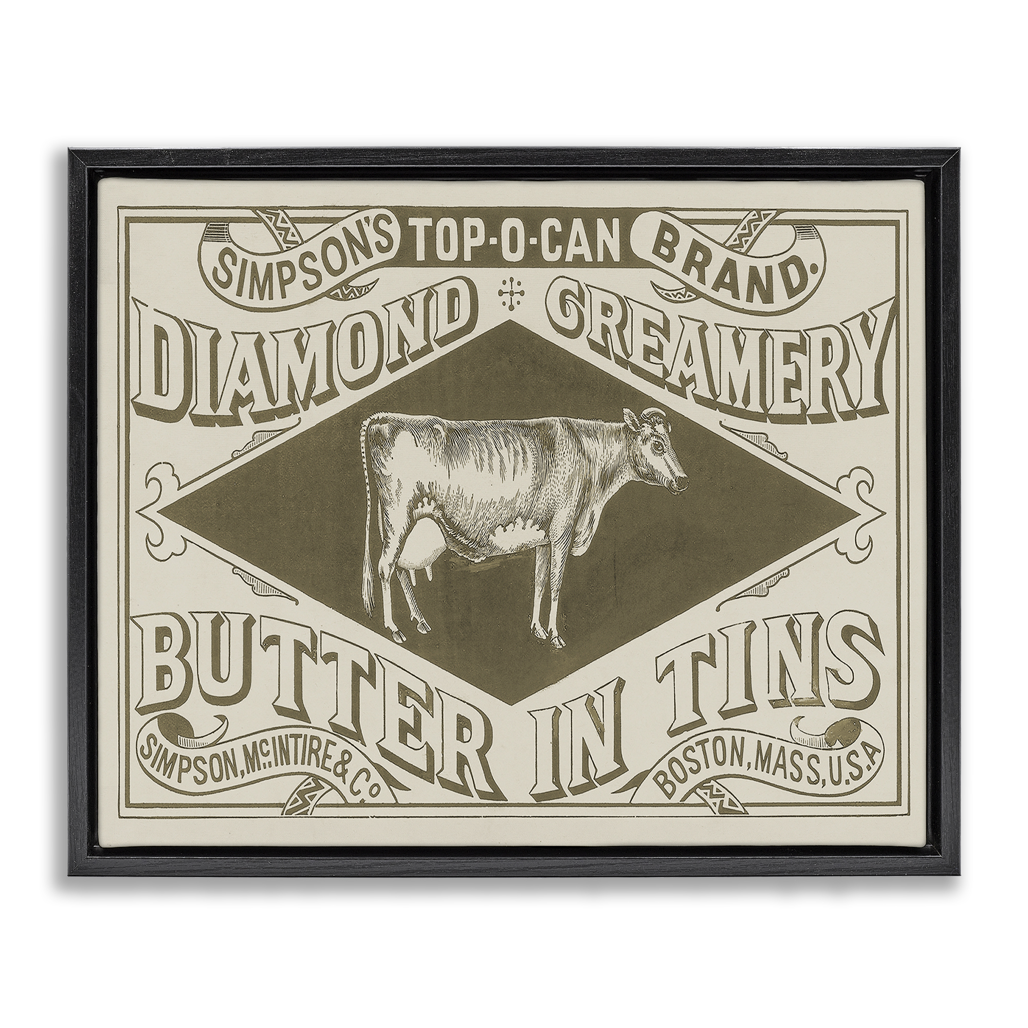 Stupell Industries Vintage Creamery Advertisement Food & Beverage Painting Black Floater Framed Canvas Art Print Wall Art, 21 x 17