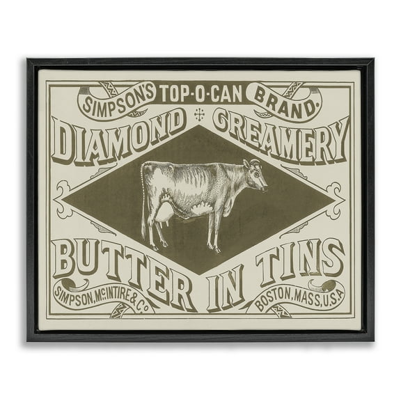 Stupell Industries Vintage Creamery Advertisement Food & Beverage Painting Black Floater Framed Canvas Art Print Wall Art, 21 x 17