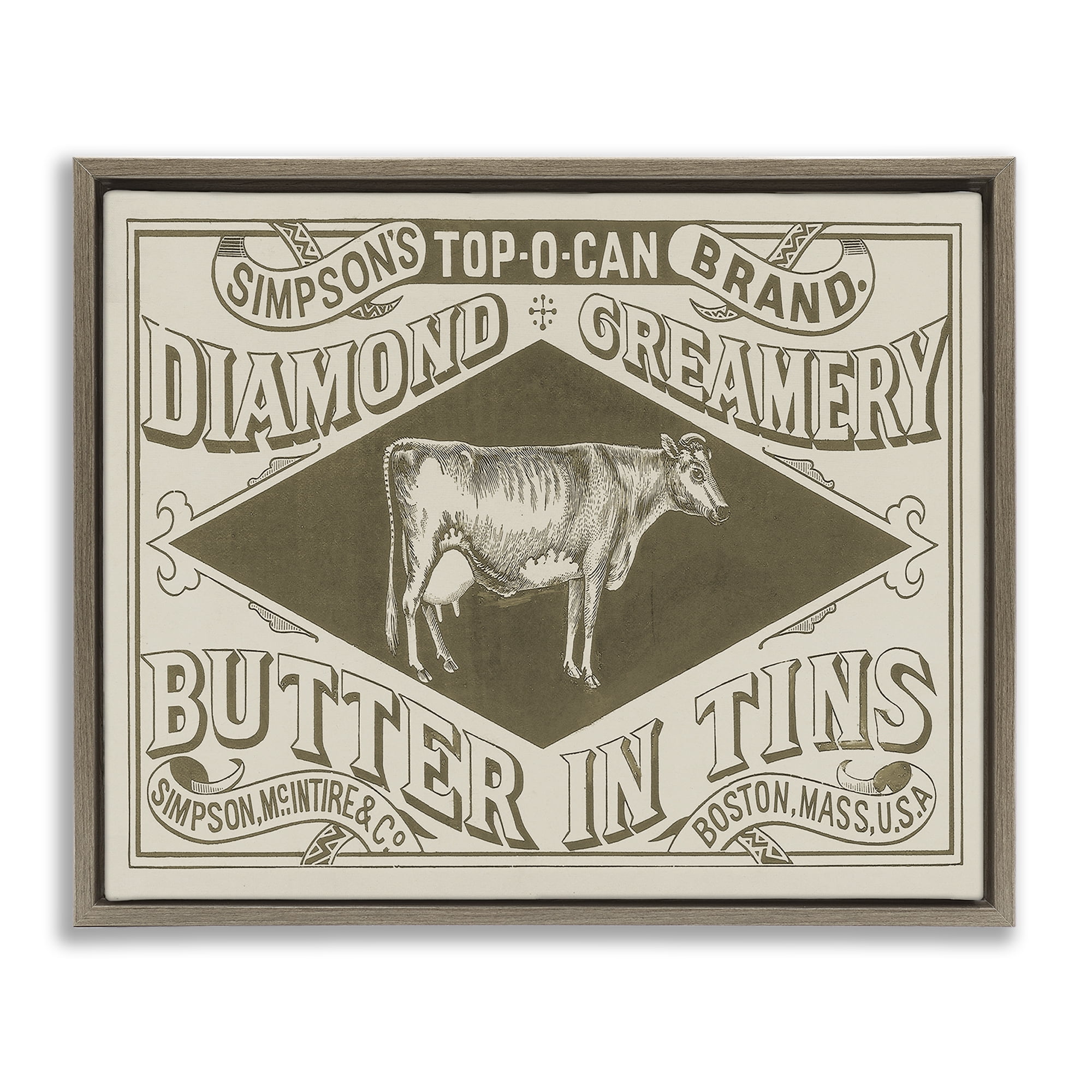 Stupell Industries Vintage Creamery Advertisement Food & Beverage Painting Brown Floater Framed Canvas Art Print Wall Art, 21 x 17
