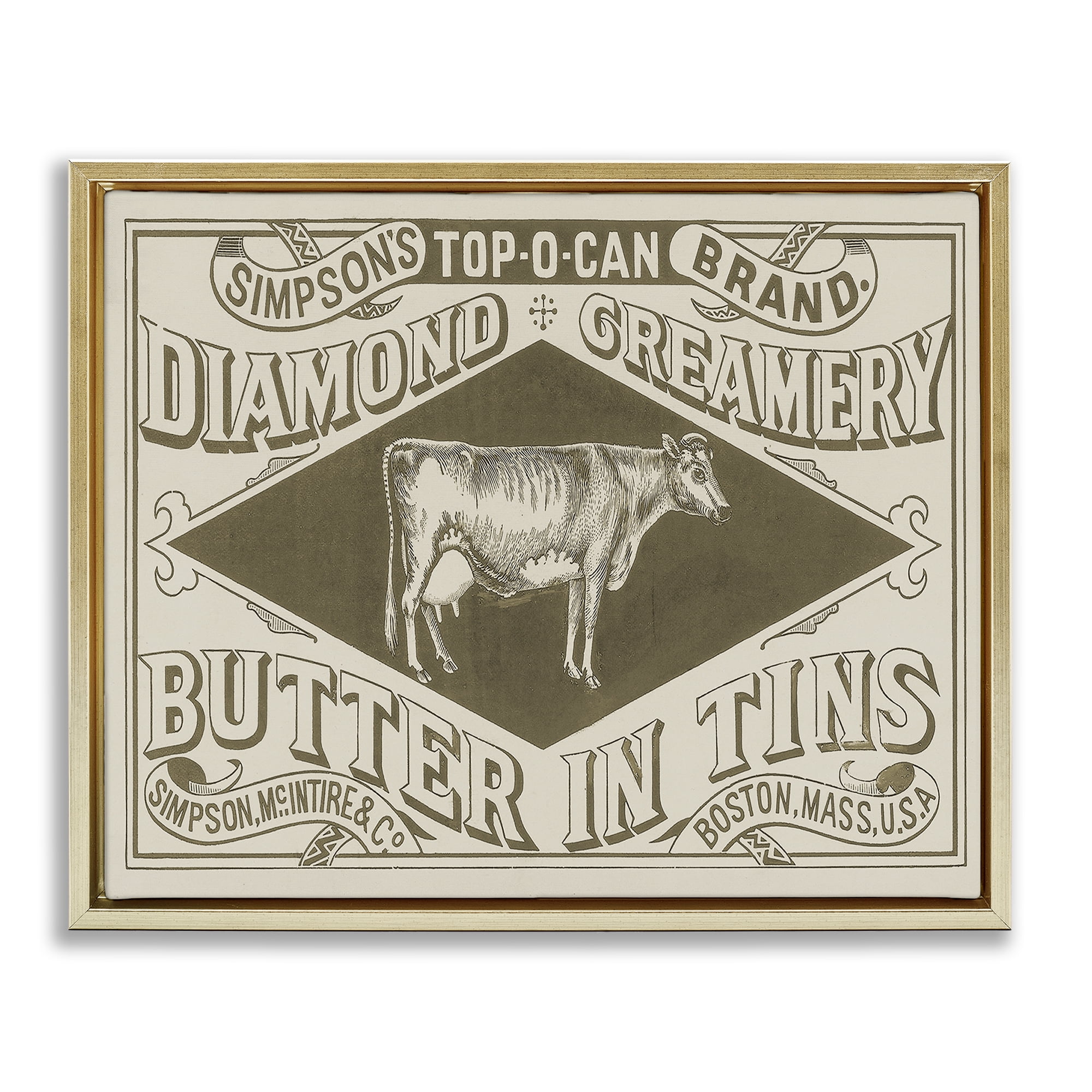 Stupell Industries Vintage Creamery Advertisement Food & Beverage Painting Gold Floater Framed Canvas Art Print Wall Art, 21 x 17