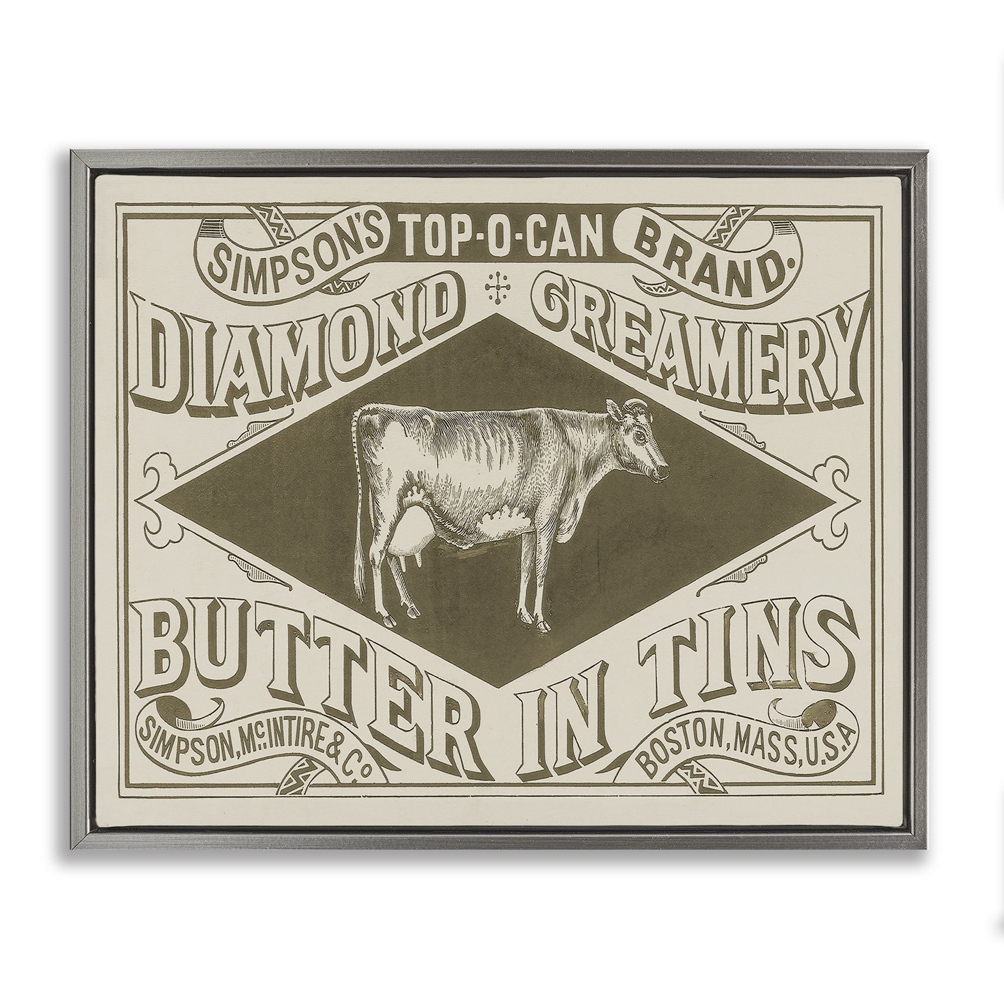 Stupell Industries Vintage Creamery Advertisement Food & Beverage Painting Gray Floater Framed Canvas Art Print Wall Art, 21 x 17