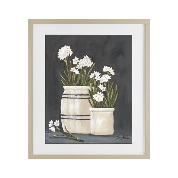 Stupell Industries Vintage Crocks & Paperwhites Birch Framed Print Under Glass, design by Sara Baker