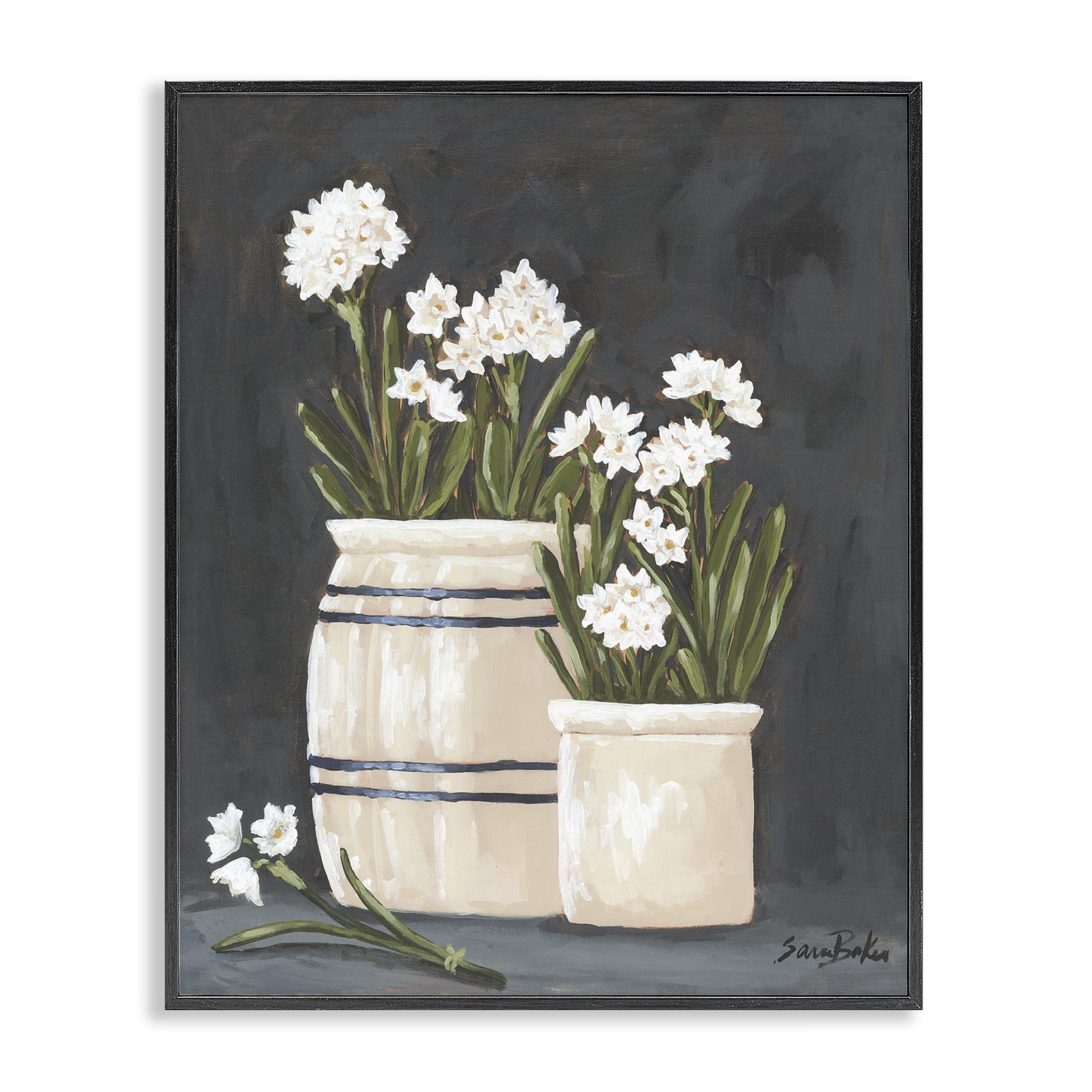 Stupell Industries Vintage Crocks & Paperwhites Black Framed Giclee Art, design by Sara Baker