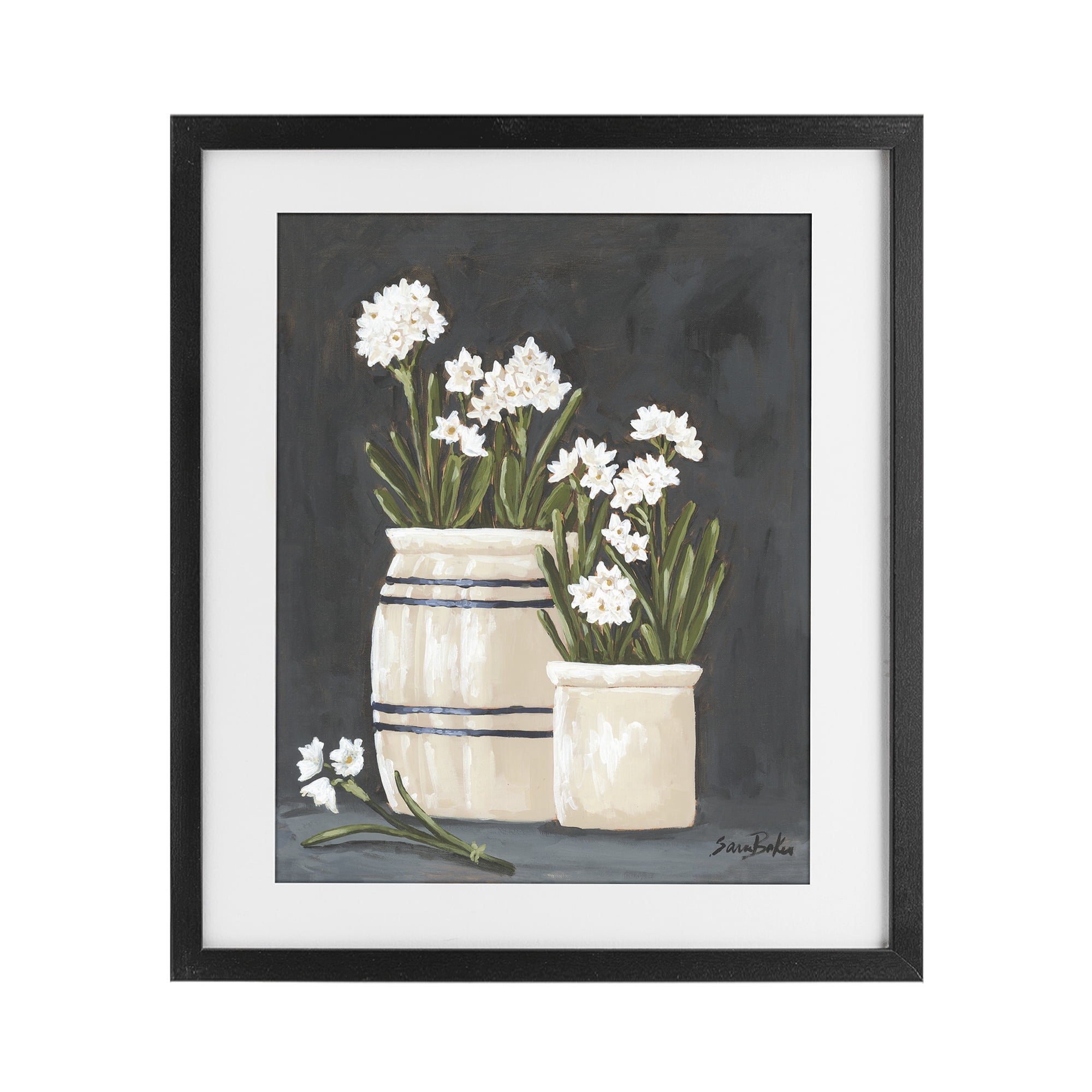 Stupell Industries Vintage Crocks & Paperwhites Black Framed Print Under Glass, design by Sara Baker
