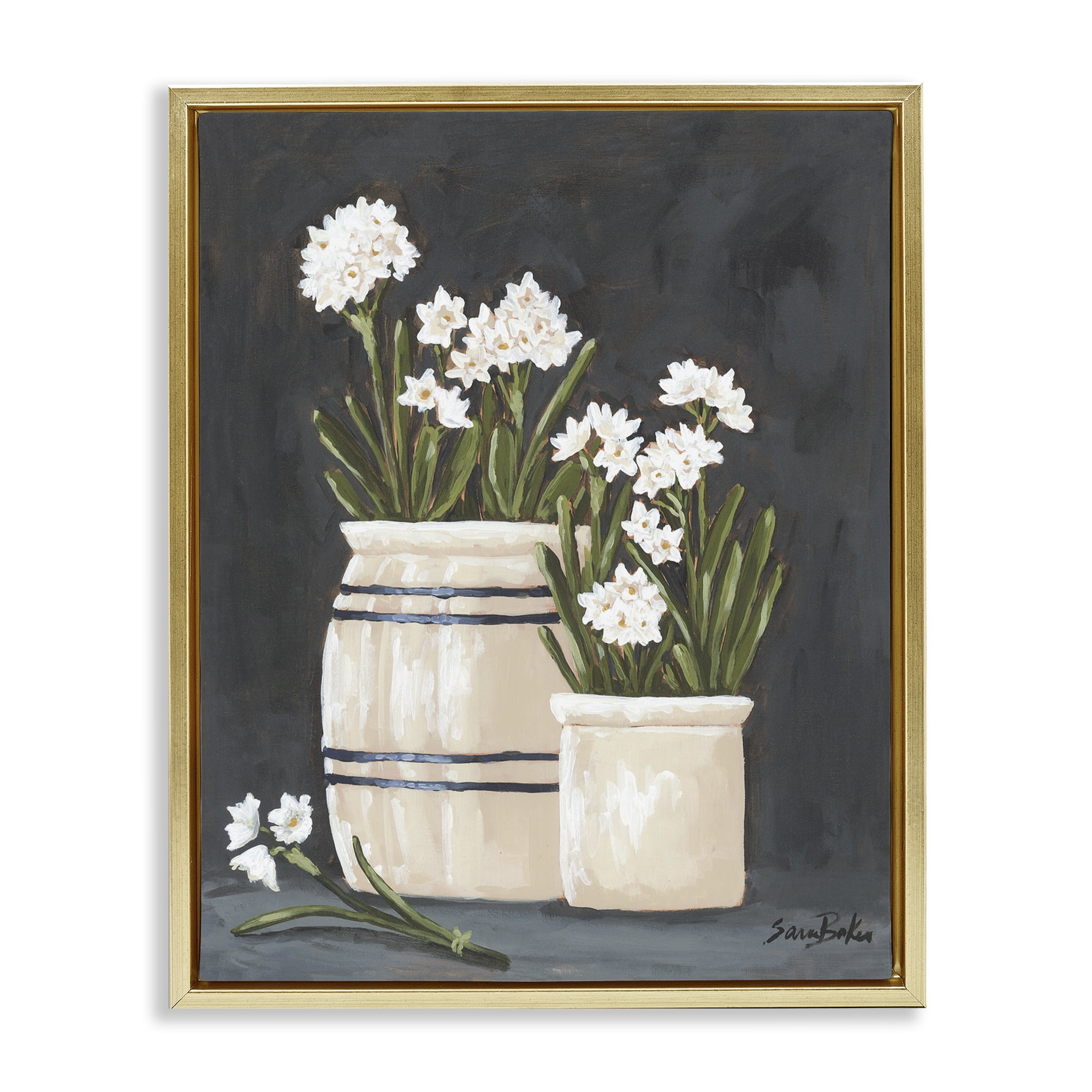 Stupell Industries Vintage Crocks & Paperwhites Gold Framed Floater Canvas Wall Art, design by Sara Baker