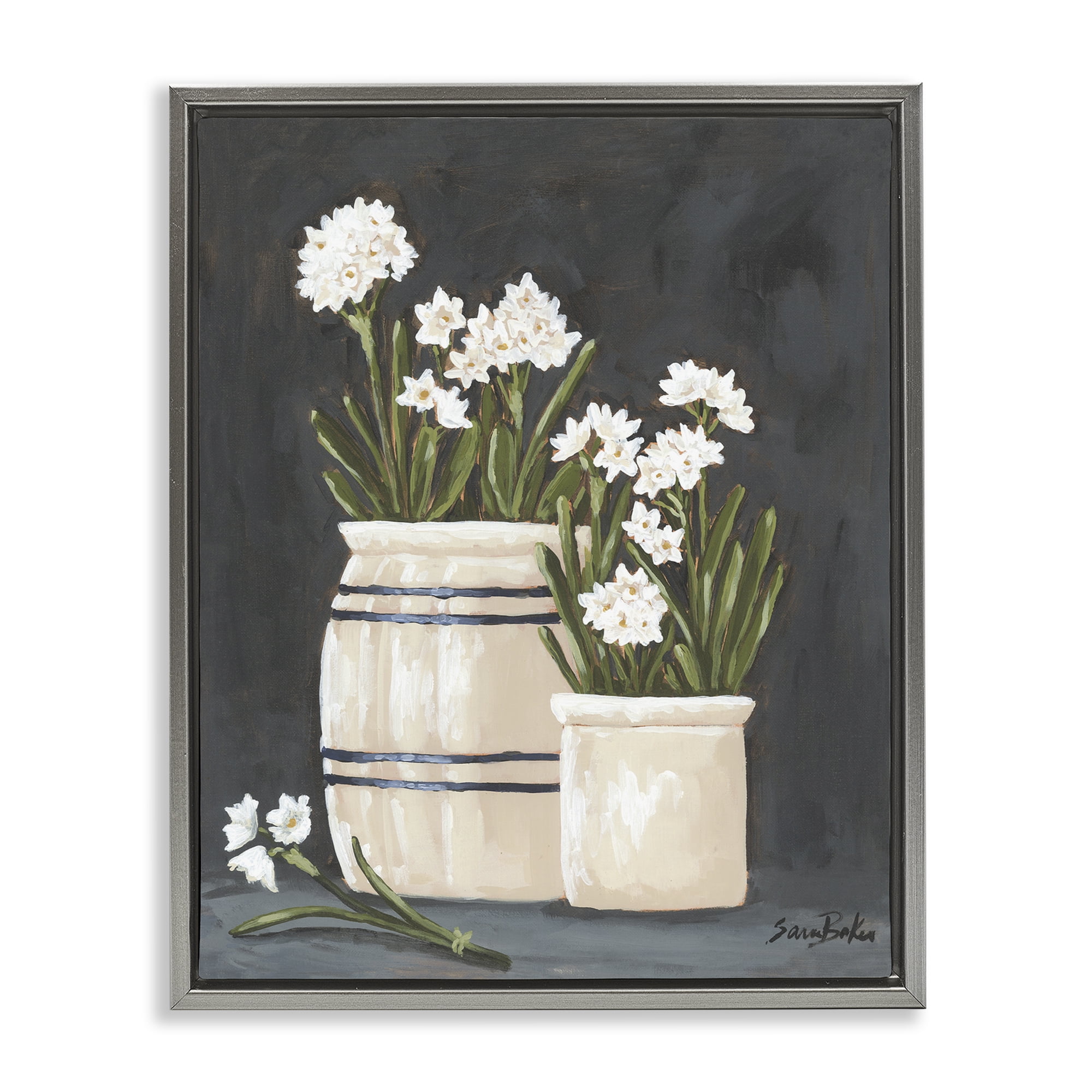 Stupell Industries Vintage Crocks & Paperwhites Gray Framed Floater Canvas Wall Art, design by Sara Baker