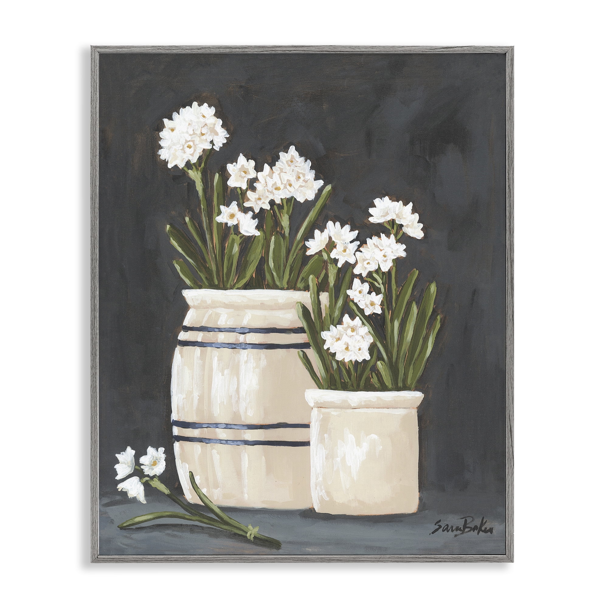Stupell Industries Vintage Crocks & Paperwhites Gray Framed Giclee Art, design by Sara Baker