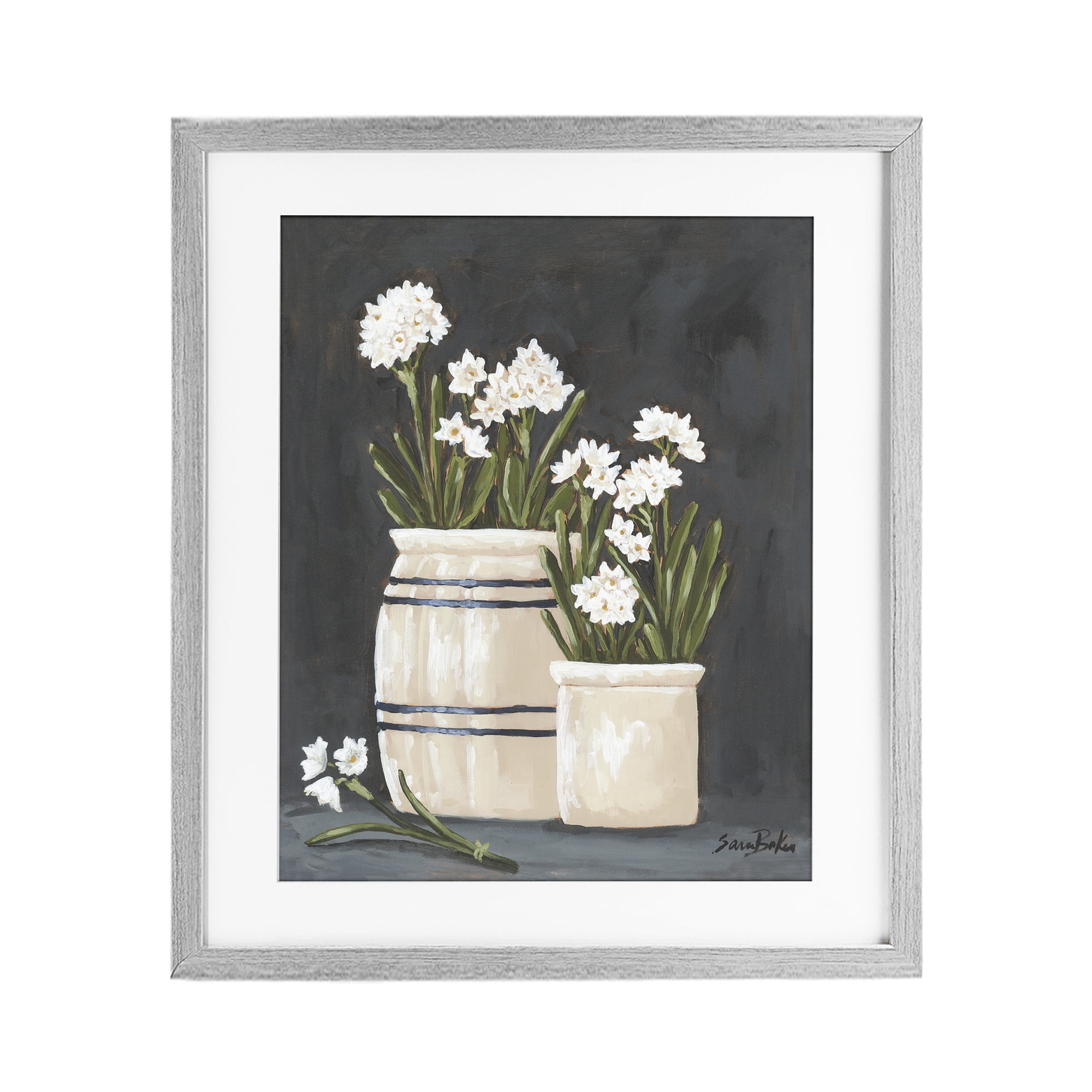 Stupell Industries Vintage Crocks & Paperwhites Gray Framed Print Under Glass, design by Sara Baker