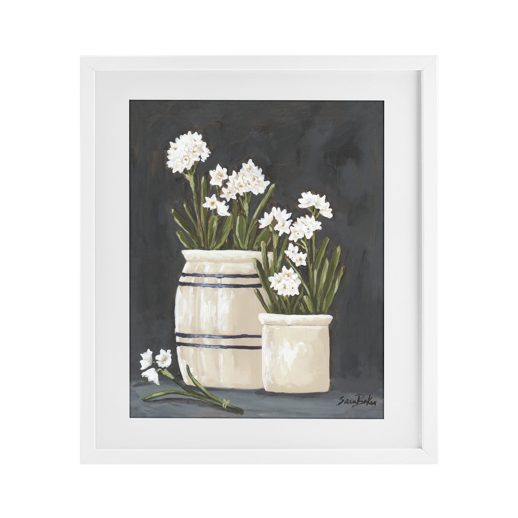 Stupell Industries Vintage Crocks & Paperwhites White Framed Print Under Glass, design by Sara Baker