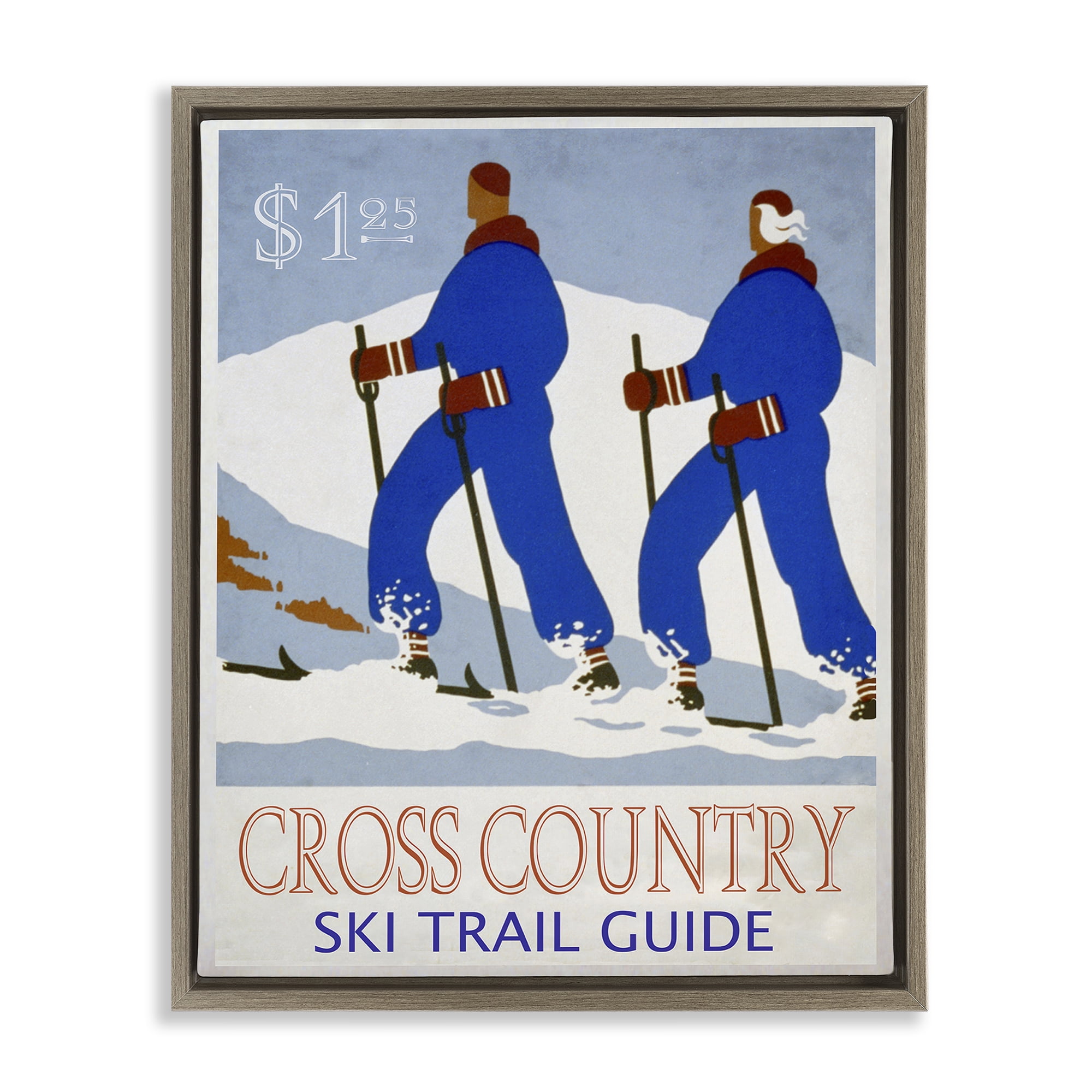 Stupell Industries Vintage Cross Country Ski Sports Painting Brown Floater Framed Canvas Art Prints Wall Art, 17 x 21
