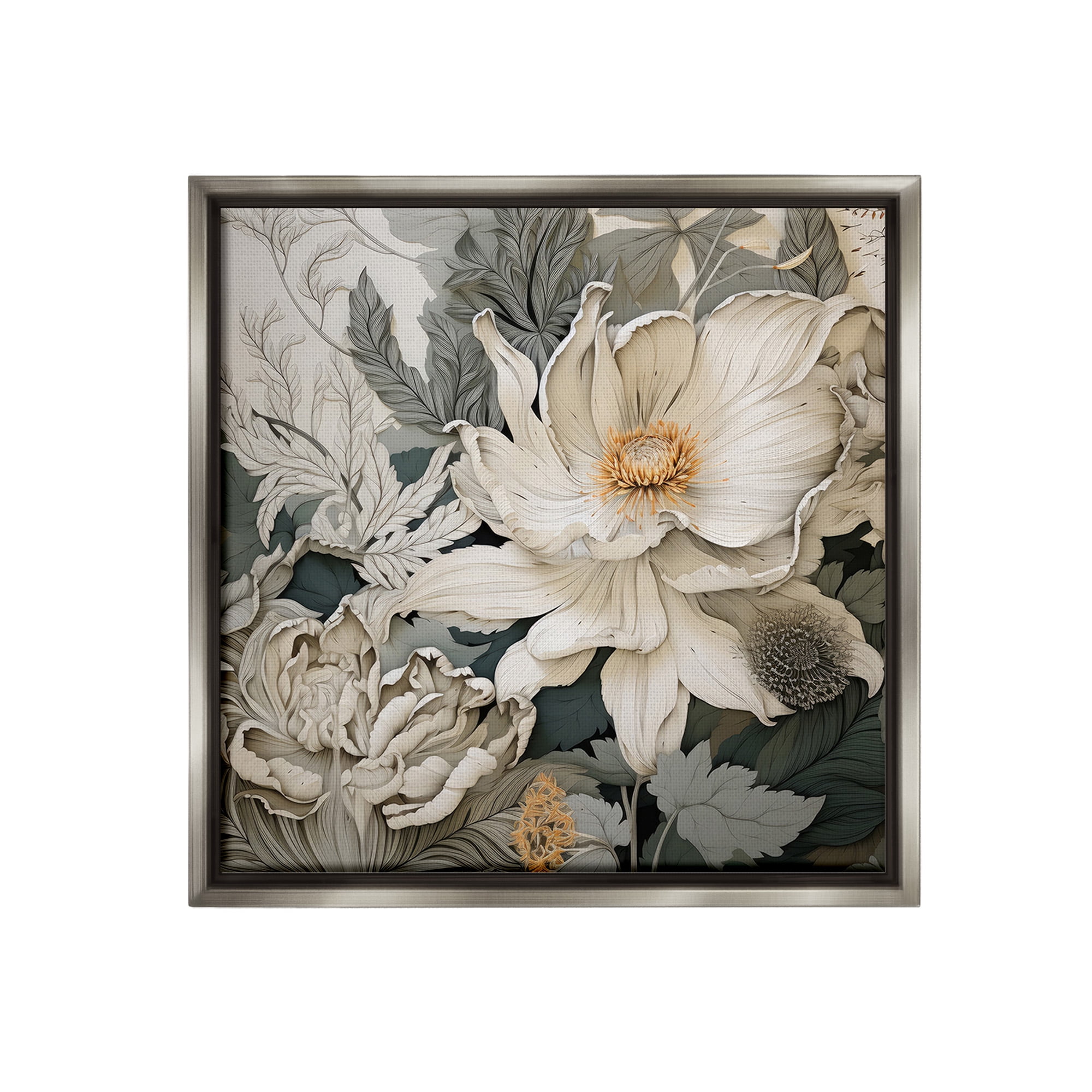 Stupell Industries Vintage Curling Petals Botanical & Floral Painting Gray Floater Framed Canvas Art Print Wall Art, 25 x 25