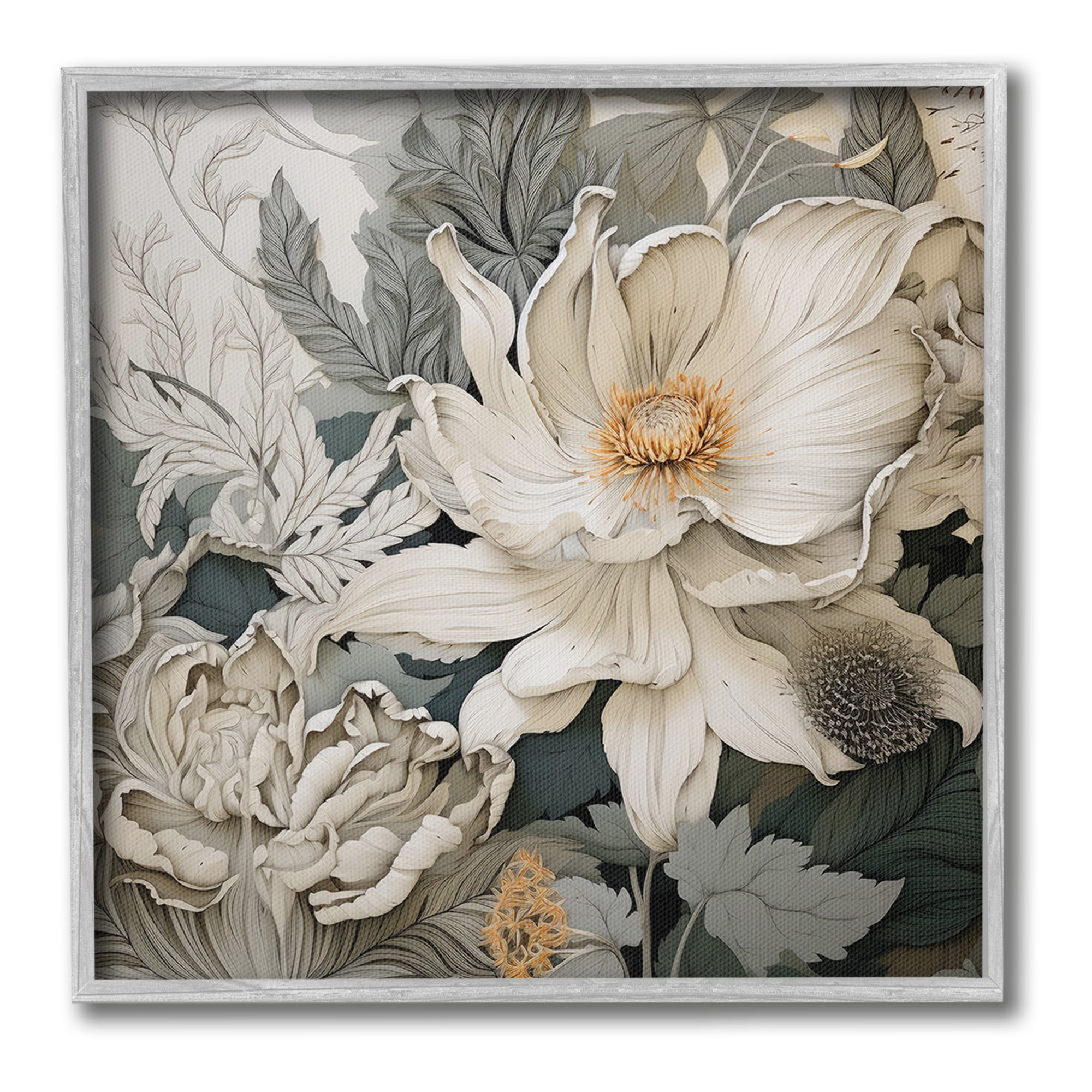 Stupell Industries Vintage Curling Petals Botanical & Floral Painting Gray Framed Art Print Wall Art, 12 x 12
