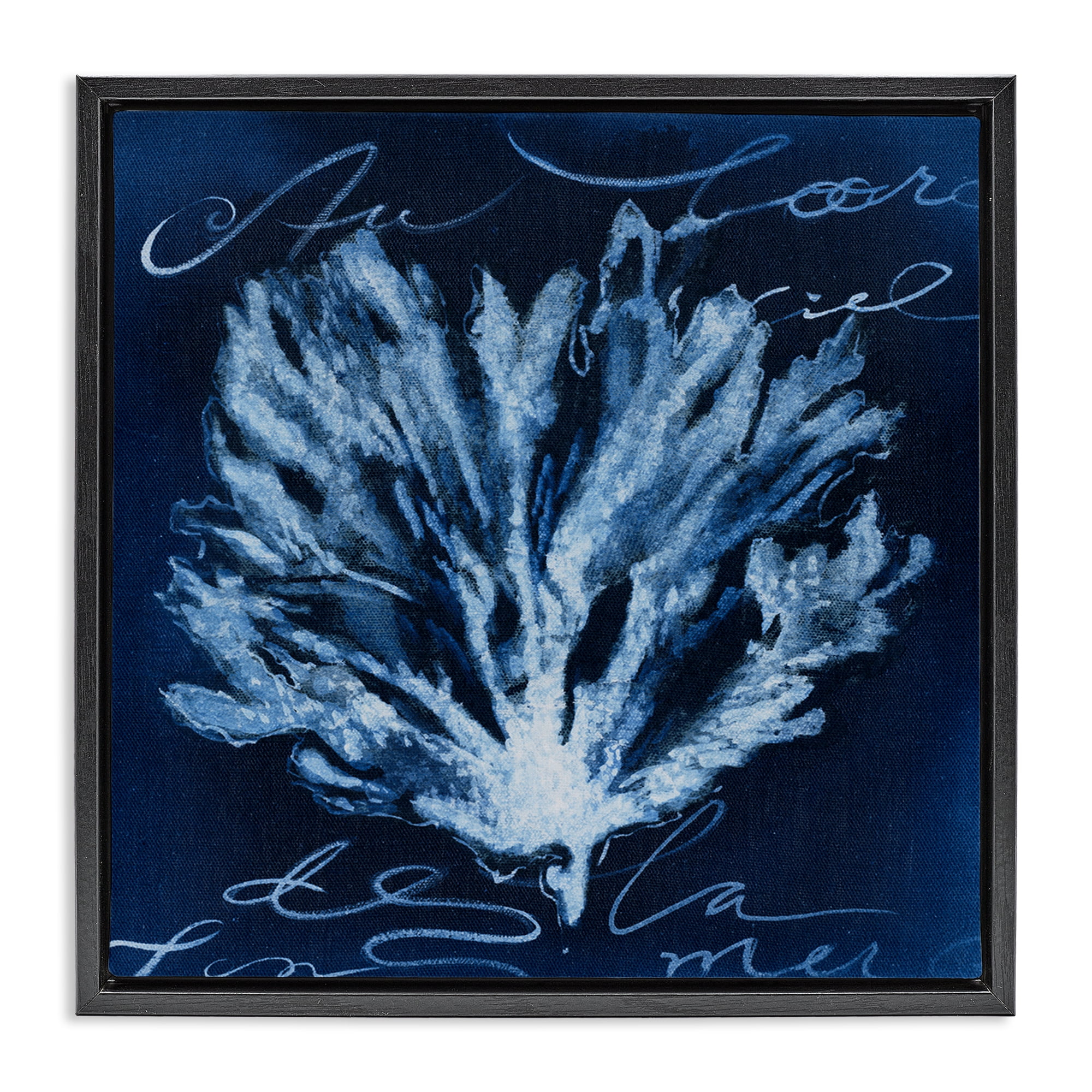 Stupell Industries Vintage Cursive Coral Coastal Painting Black Floater Framed Canvas Art Print Wall Art, 18 x 18