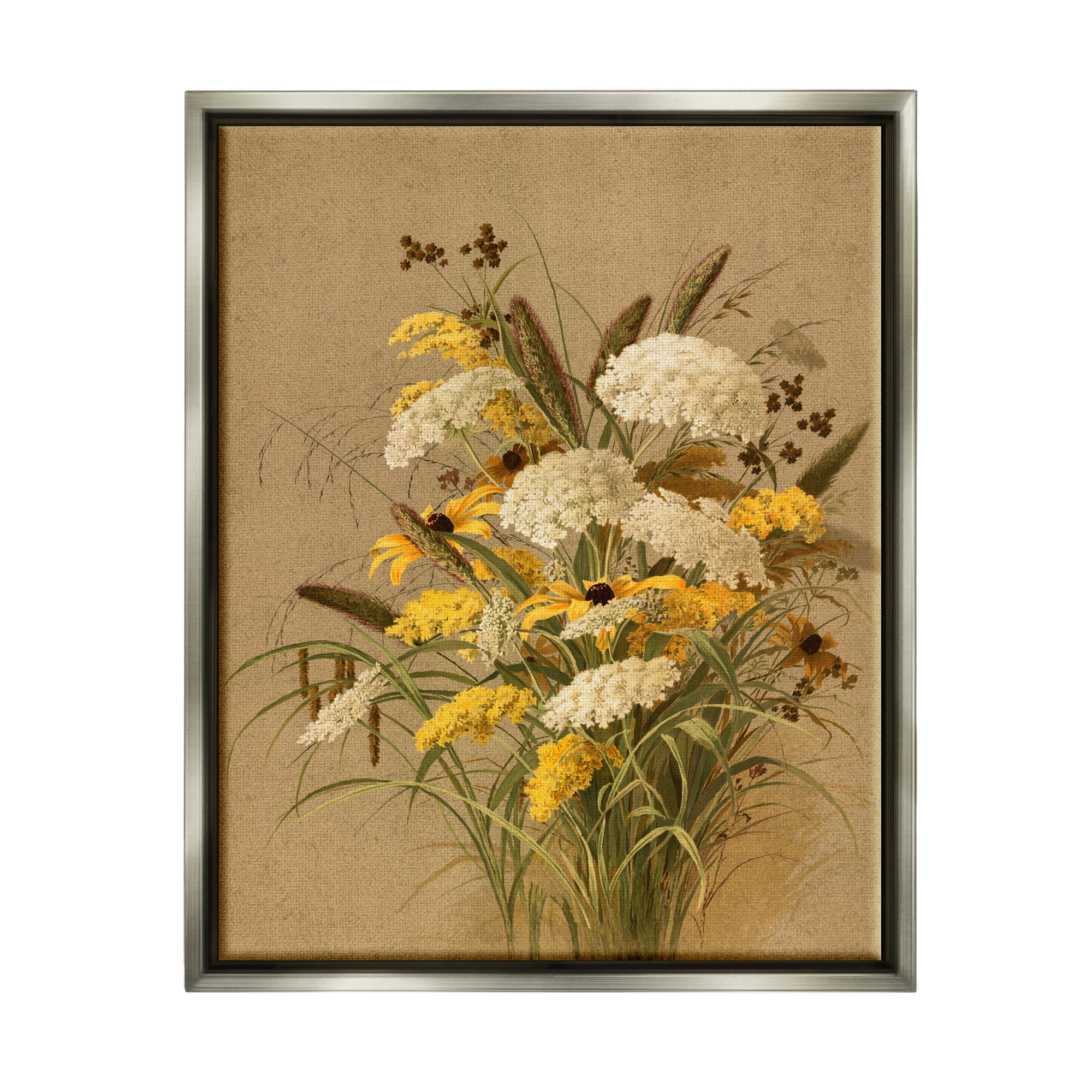 Stupell Industries Vintage Daisy Bouquet Botanical & Floral Painting Gray Floater Framed Canvas Art Print Wall Art, 25 x 31