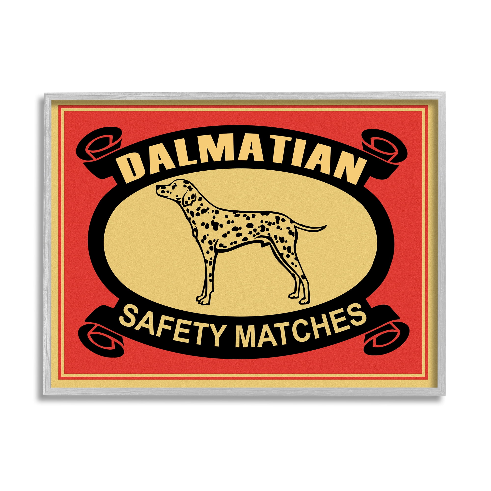 Stupell Industries Vintage Dalmatian Safety Matches Illustration Red Yellow Graphic Art Gray Framed Art Print Wall Art, 11x14, by Mark Rogan