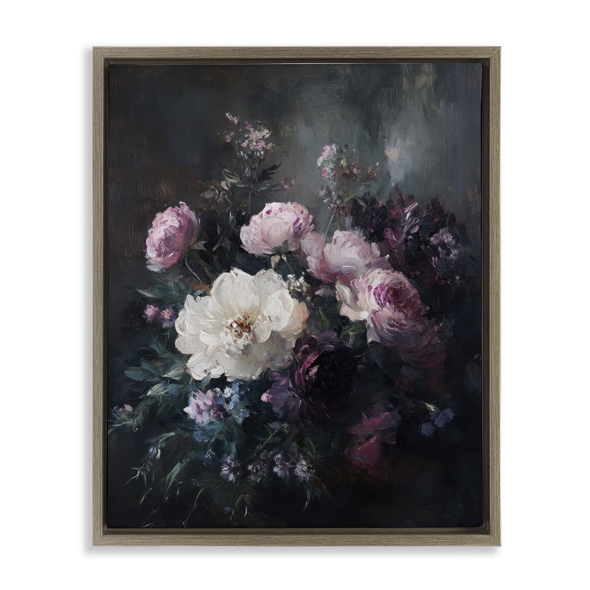 Stupell Industries Vintage Dark Blossoms Plants & Flowers Painting Brown Floater Framed Canvas Art Print Wall Art, 25 x 31