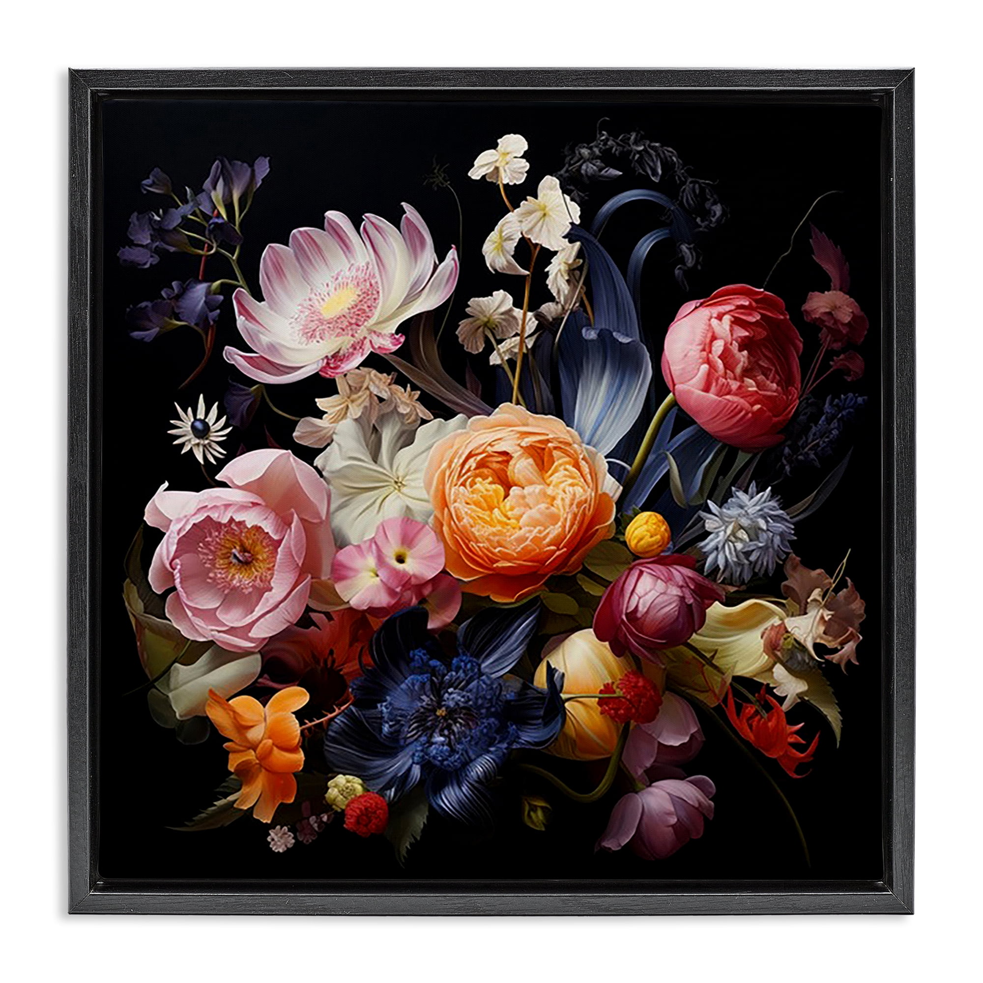 Stupell Industries Vintage Dark Bouquet Plants & Flowers Painting Black Floater Framed Canvas Art Print Wall Art, 25 x 25