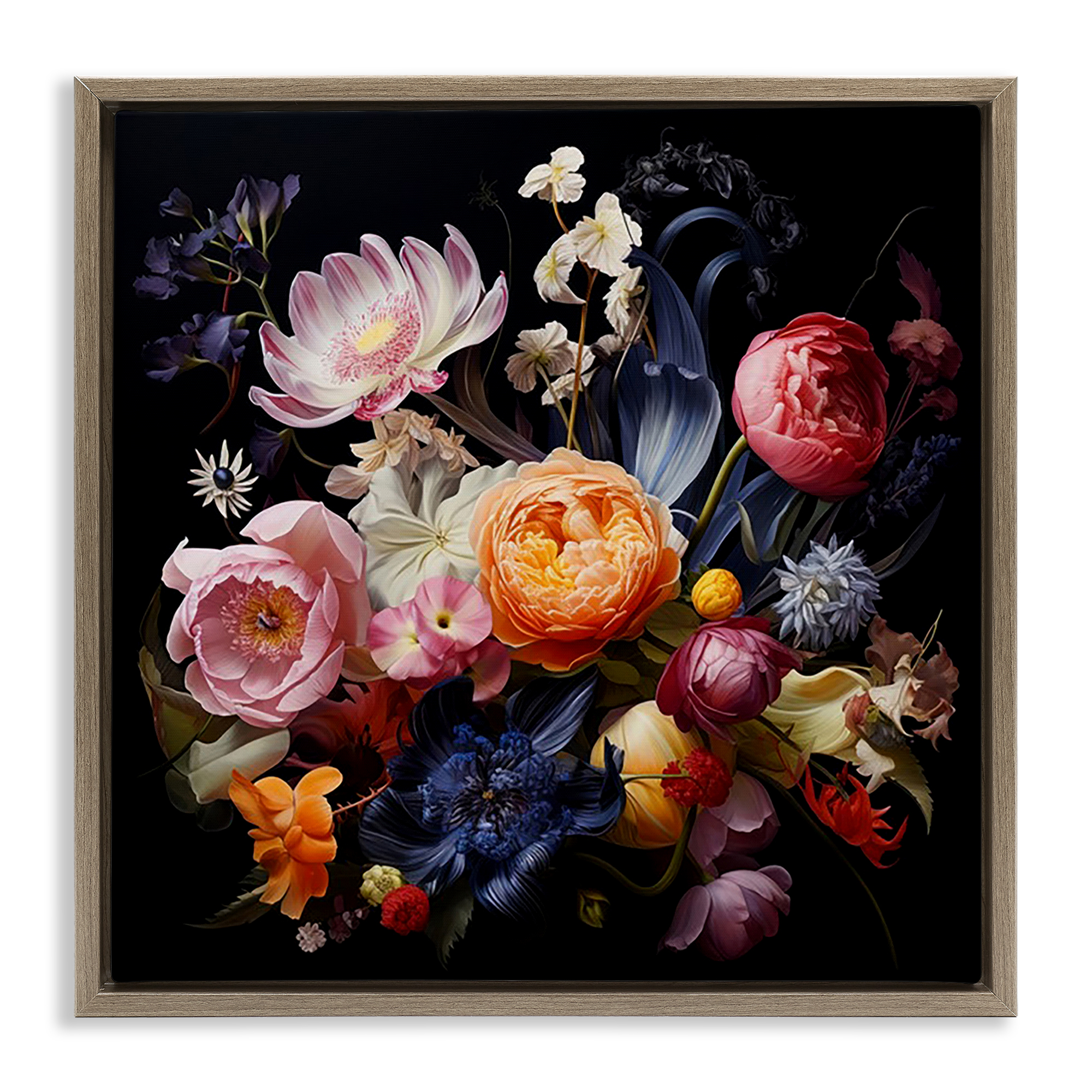 Stupell Industries Vintage Dark Bouquet Plants & Flowers Painting Brown Floater Framed Canvas Art Print Wall Art, 18 x 18