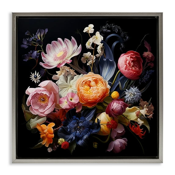 Stupell Industries Vintage Dark Bouquet Plants & Flowers Painting Gray Floater Framed Canvas Art Print Wall Art, 25 x 25