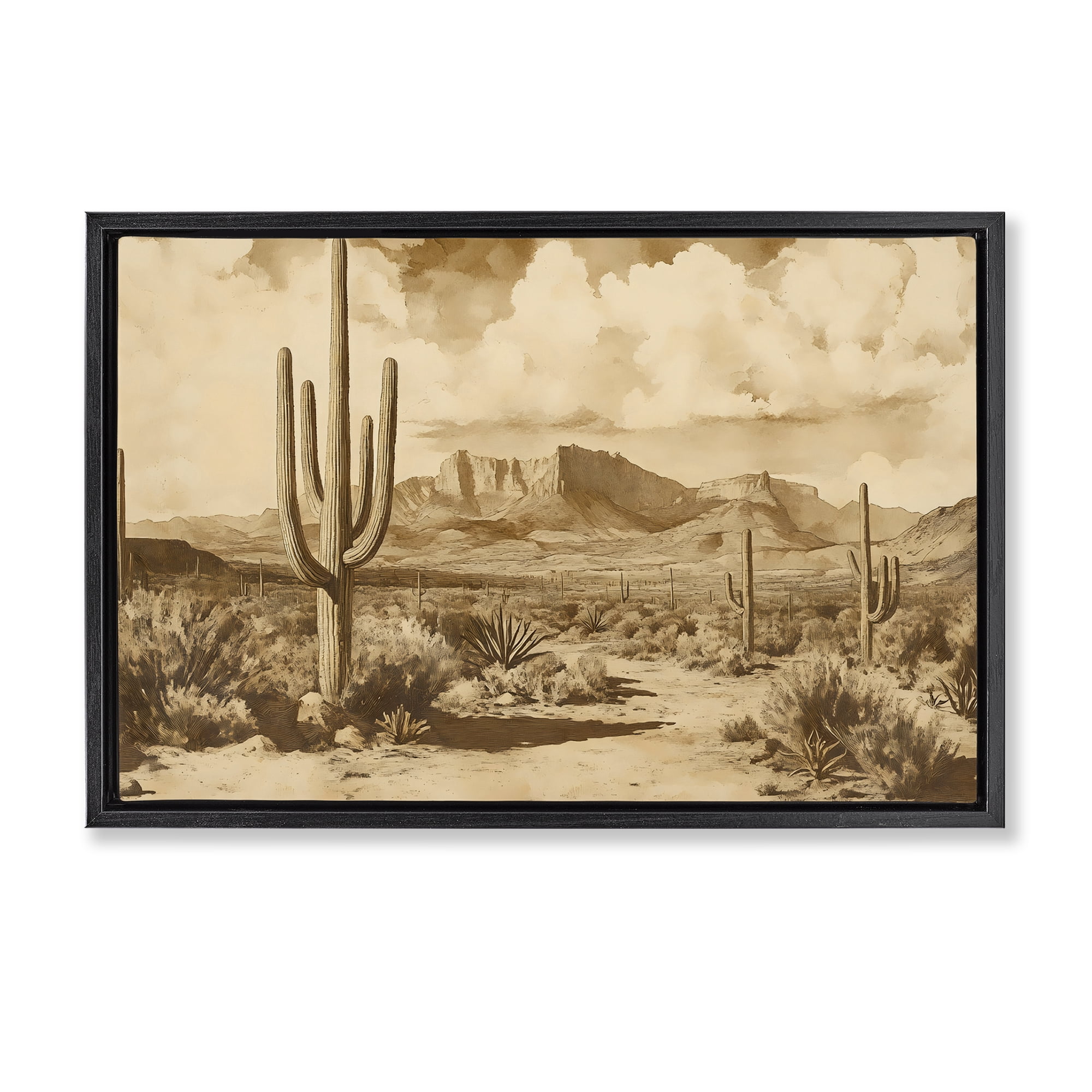Stupell Industries Vintage Desert Peaks with Saguaro Black Framed Floater Canvas Wall Art, design by Franklyn Gregory