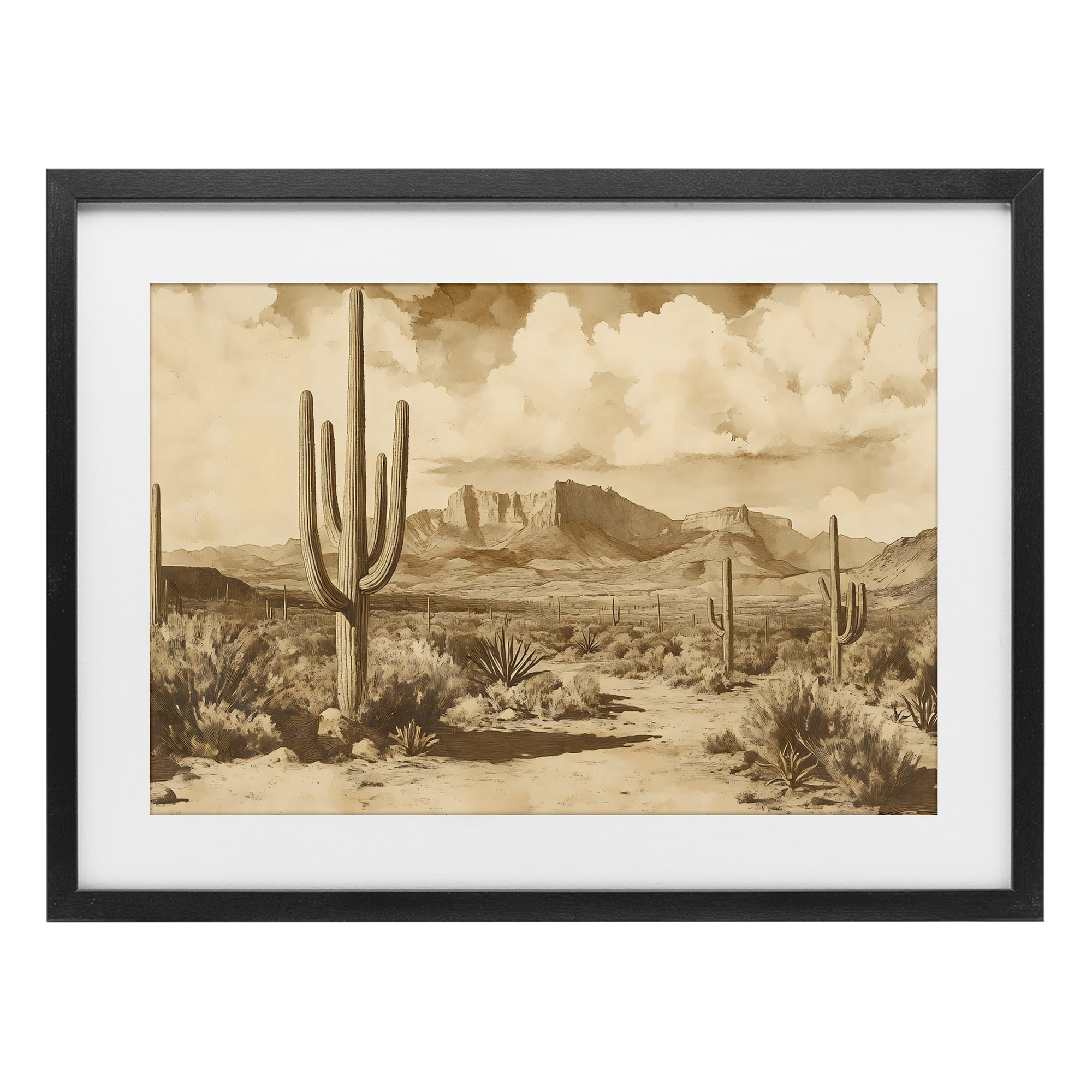 Stupell Industries Vintage Desert Peaks with Saguaro Black Framed Print Under Glass, design by Franklyn Gregory