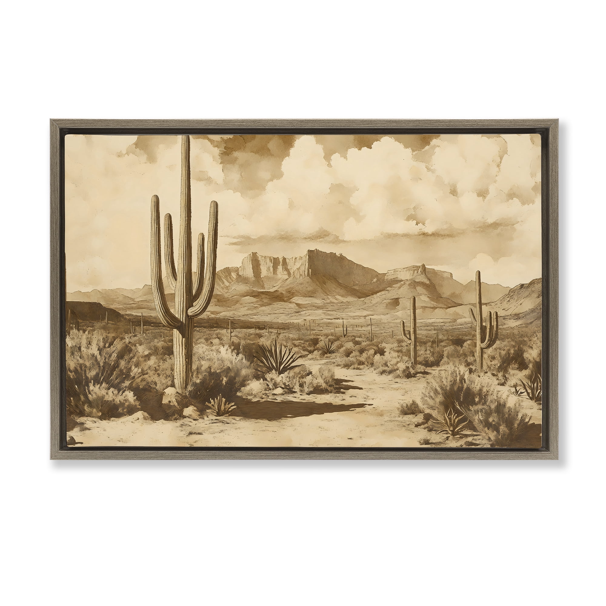 Stupell Industries Vintage Desert Peaks with Saguaro Brown Framed Floater Canvas Wall Art, design by Franklyn Gregory