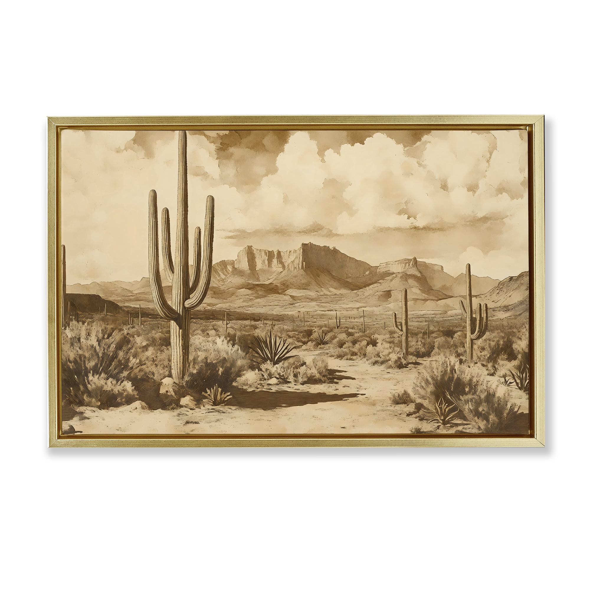 Stupell Industries Vintage Desert Peaks with Saguaro Gold Framed Floater Canvas Wall Art, design by Franklyn Gregory
