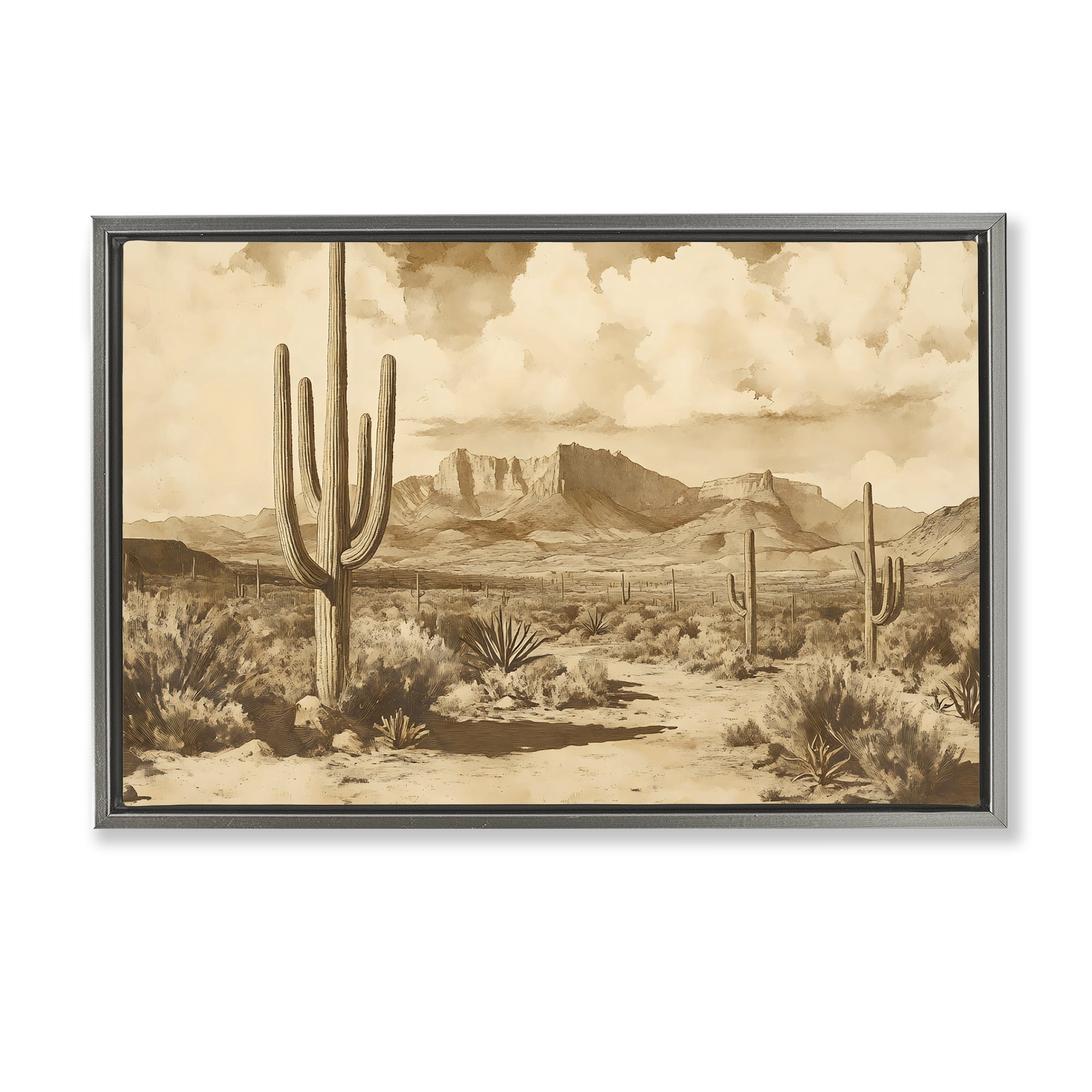 Stupell Industries Vintage Desert Peaks with Saguaro Gray Framed Floater Canvas Wall Art, design by Franklyn Gregory
