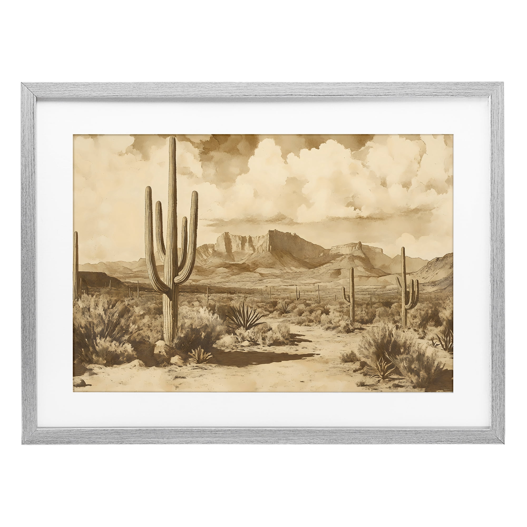 Stupell Industries Vintage Desert Peaks with Saguaro Gray Framed Print Under Glass, design by Franklyn Gregory