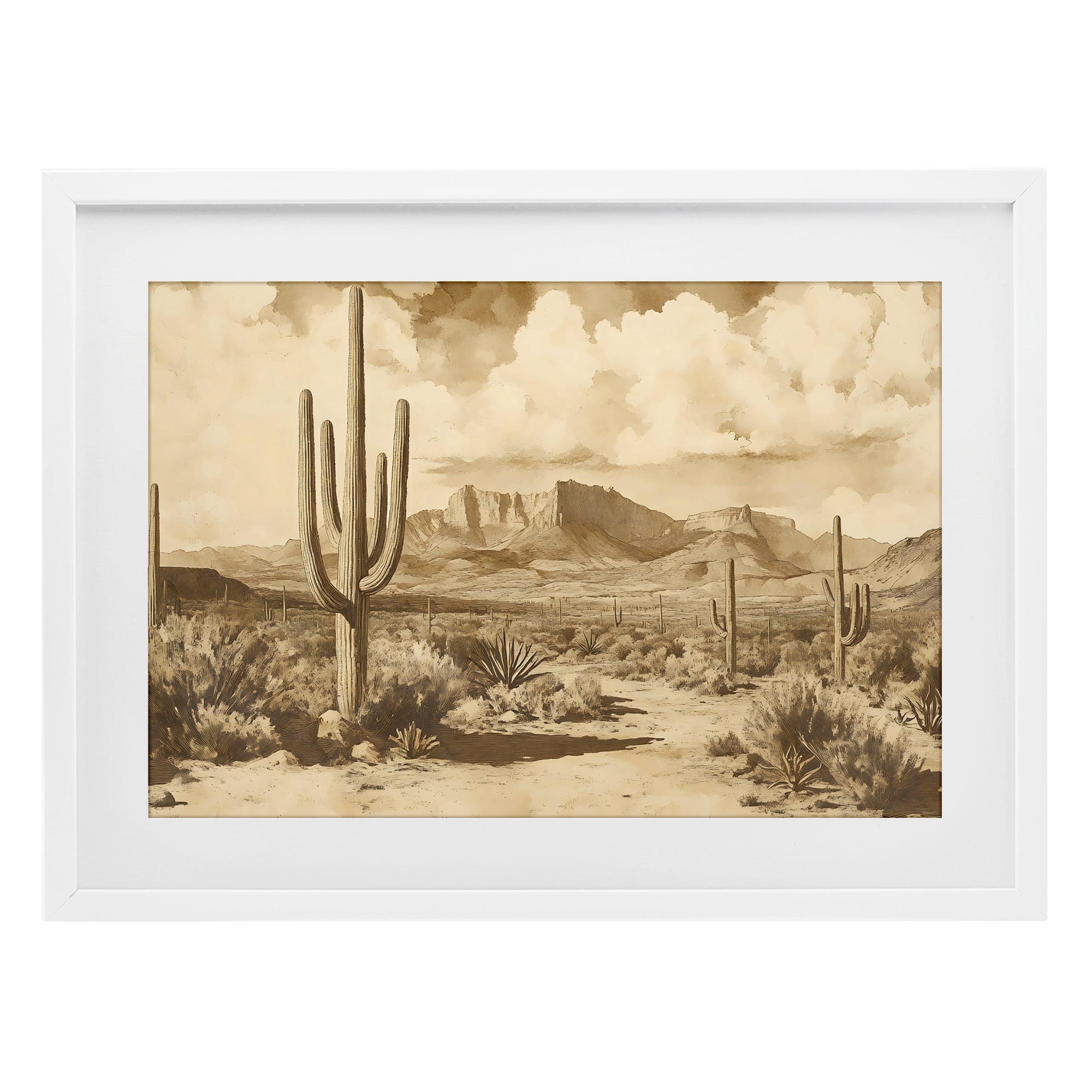 Stupell Industries Vintage Desert Peaks with Saguaro White Framed Print Under Glass, design by Franklyn Gregory