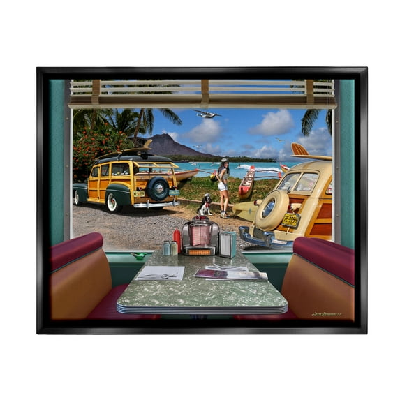 Stupell Industries Vintage Diner Beach View Transportation Painting Black Floater Framed Canvas Art Print Wall Art, 21 x 17